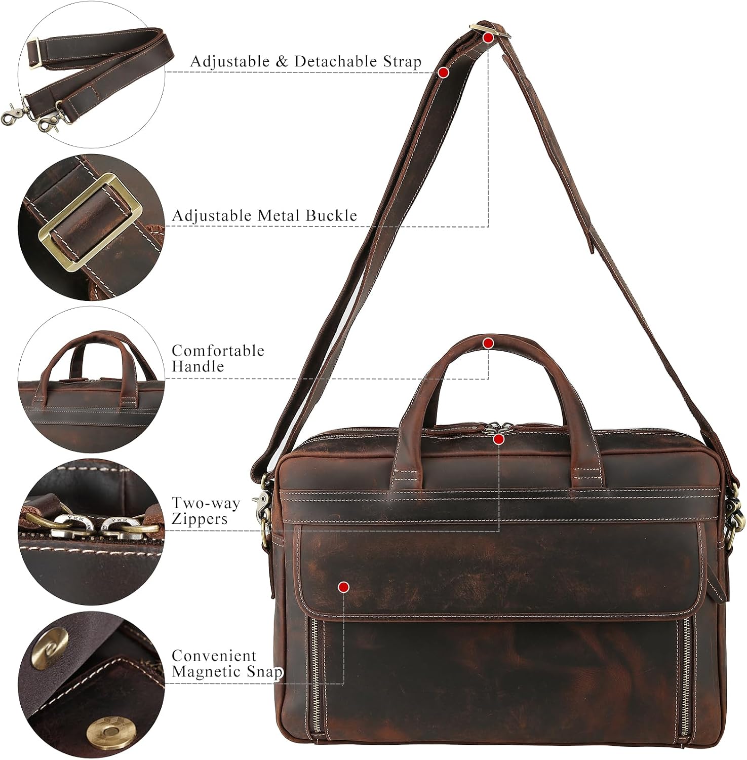 TIDING Leather Business Travel Briefcase for Men, Large 15.6" 17.3" Laptop Crossbody Shoulder Messenger Bag Office Handbag