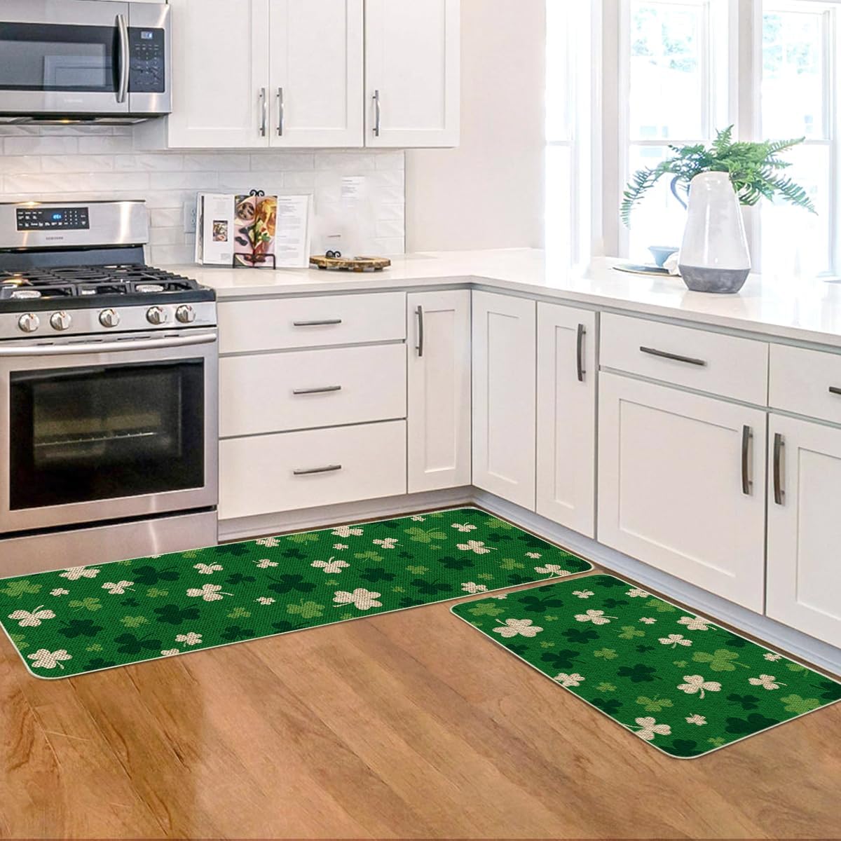 Artoid Mode Green Shamrock St. Patrick's Day Kitchen Mats Set of 2, Home Decor Low-Profile Kitchen Rugs for Floor - 17x29 and 17x47 Inch
