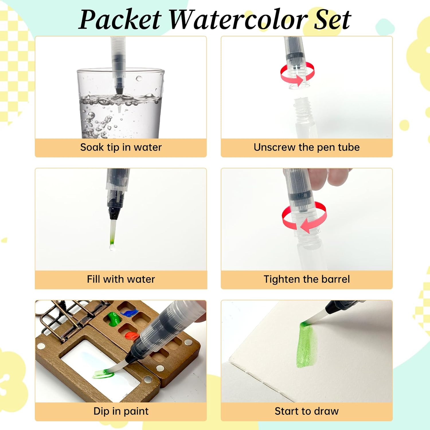 Mini Watercolor Paint Set, Travel Watercolor Set with 12 Colors, Wooden Pocket Palette, Sketchbook, Water Brush and Clip, Mini Art Kit for Outdoor Sketching and Beginners