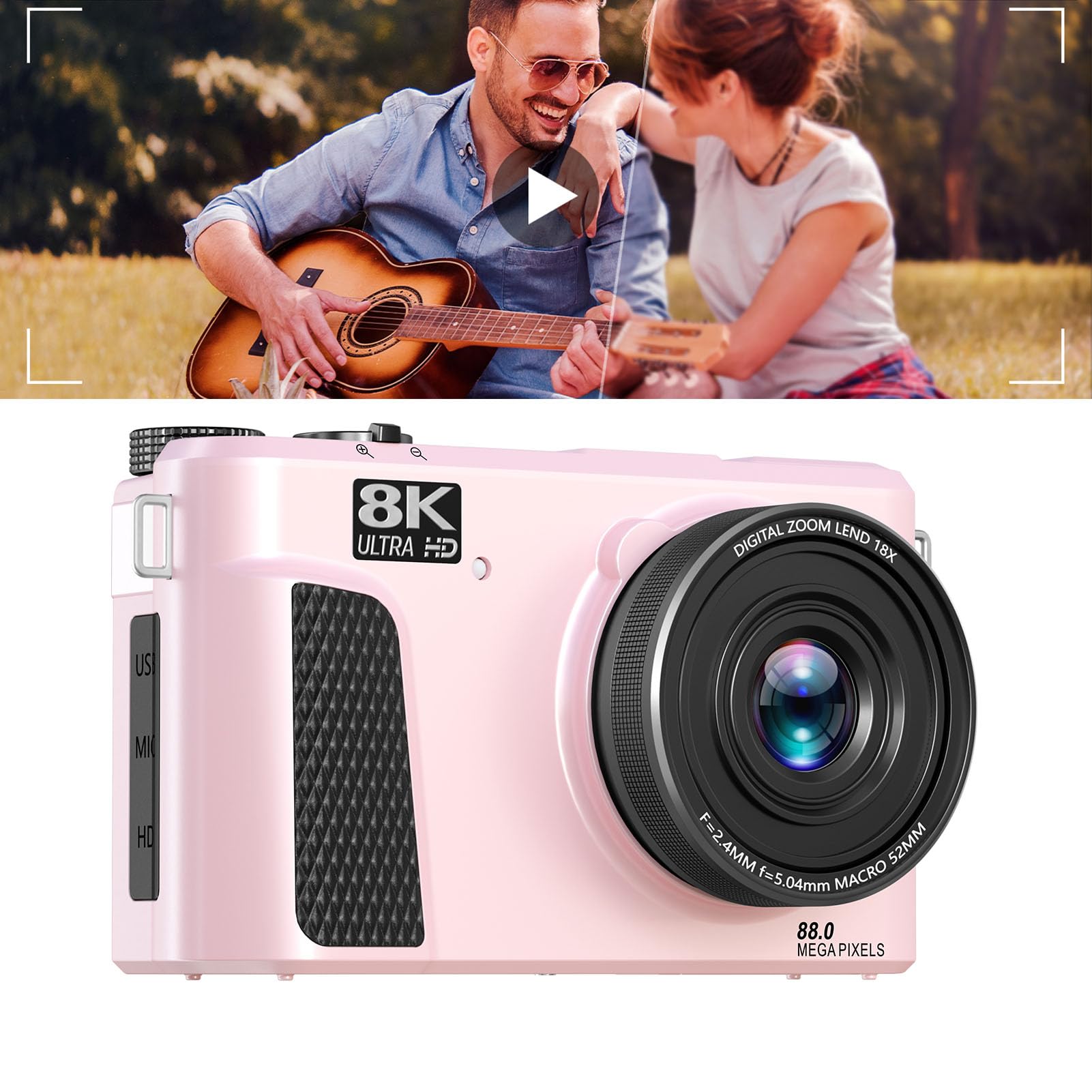 Asixxsix Fotocamera digitale 8K per fotografia, fotocamera WiFi da 88 MP per vlogging con schermo ribaltabile da 3 pollici a 180°, zoom digitale 18X con autofocus, scheda da 32 GB (PINK)