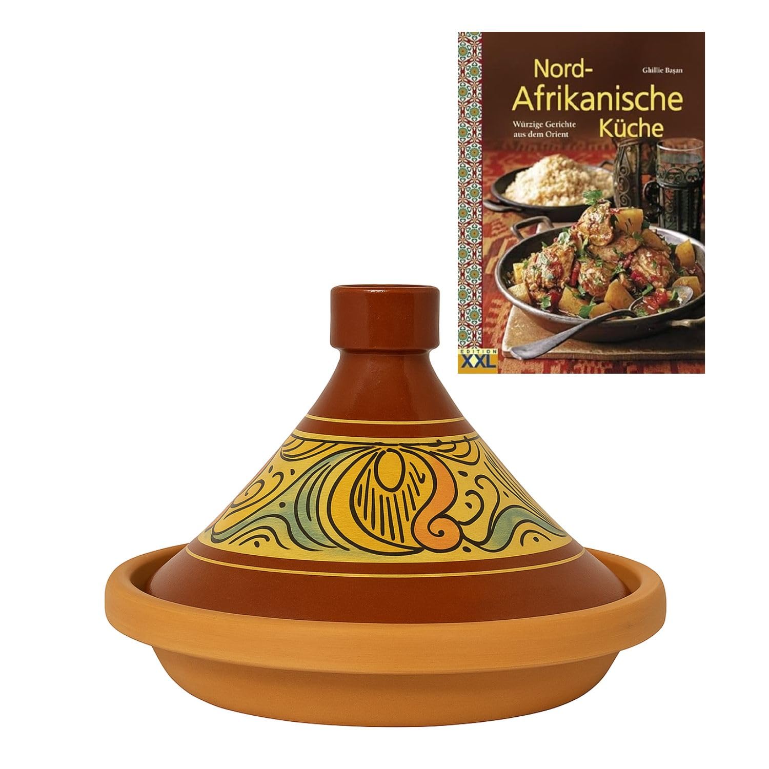 Tajine marocain pour la cuisson | Cocotte émaillée Chaouen Ø 30 cm pour 4 à 5 personnes | Avec recette et manuel d'utilisation (français non garanti) | Pot en terre cuite original fabriqué à la main