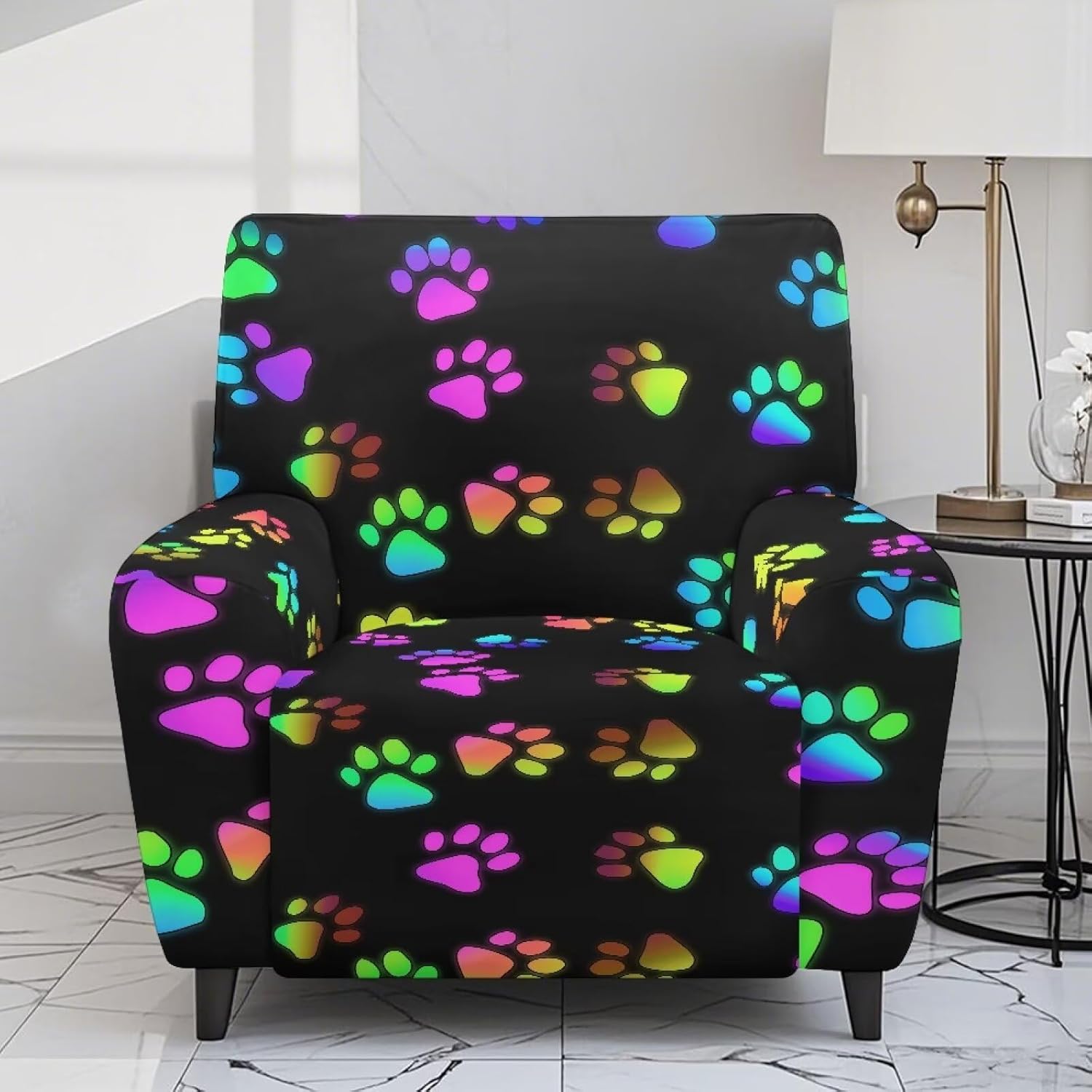 Colorful Dog Paw Print Recliner Cover Stretch Recliner Cover 1 Seater Comfortable Sofa Slipcover with Pocket for Living Room Bedroom Decor