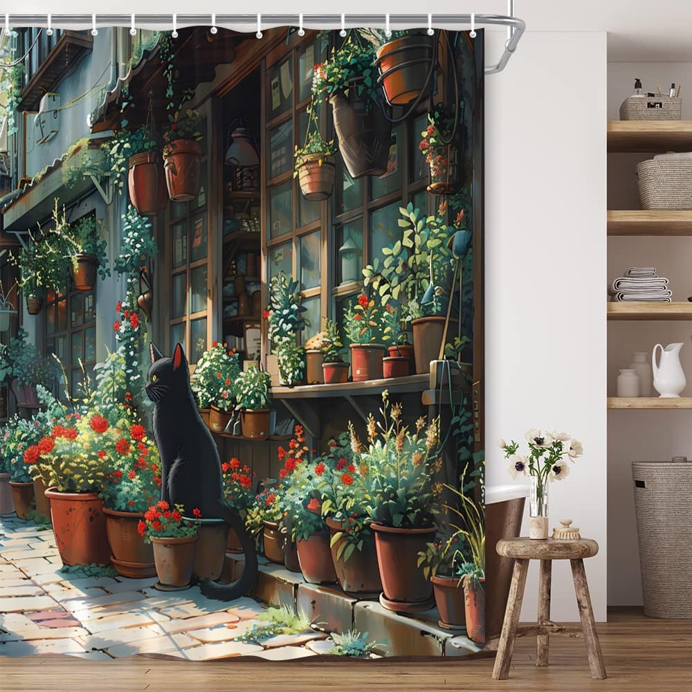 Italy Shower Curtain Black Cat Vintage Wooden Cottage Old Street Red Flower Green Potted European Italian Mediterranean Greece Scene Polyester Fabric Bathroom Decor 70×96 Inch with Hook