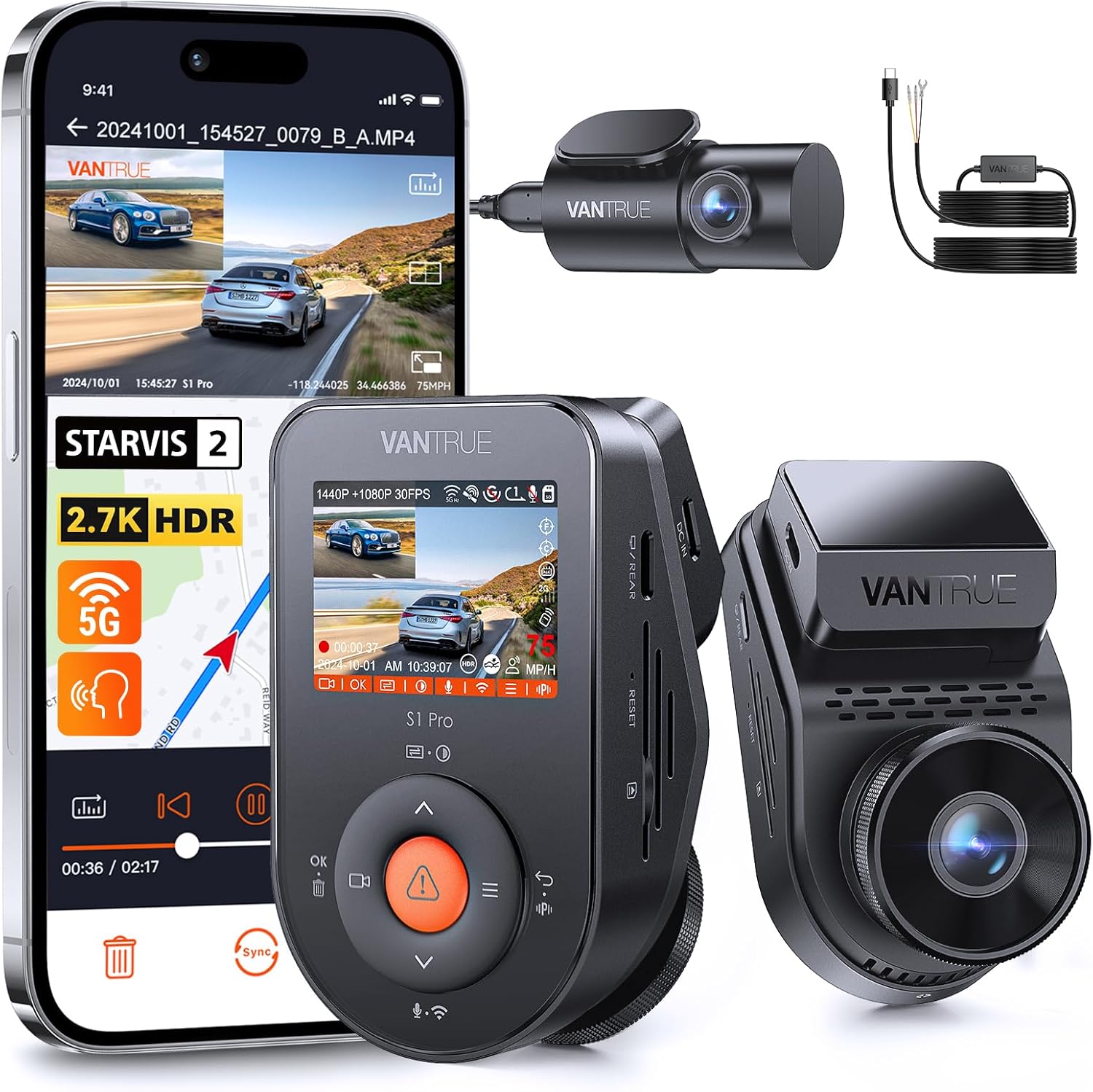 【Bundle: Vantrue S1 PRO Dual Dash Cam + Vantrue Hardwire Kit】 2.7K Front and Rear 5G Wi-Fi Dash Cam, 1944P Dual Hidden Dash Camera for Cars, STARVIS 2, Voice Control