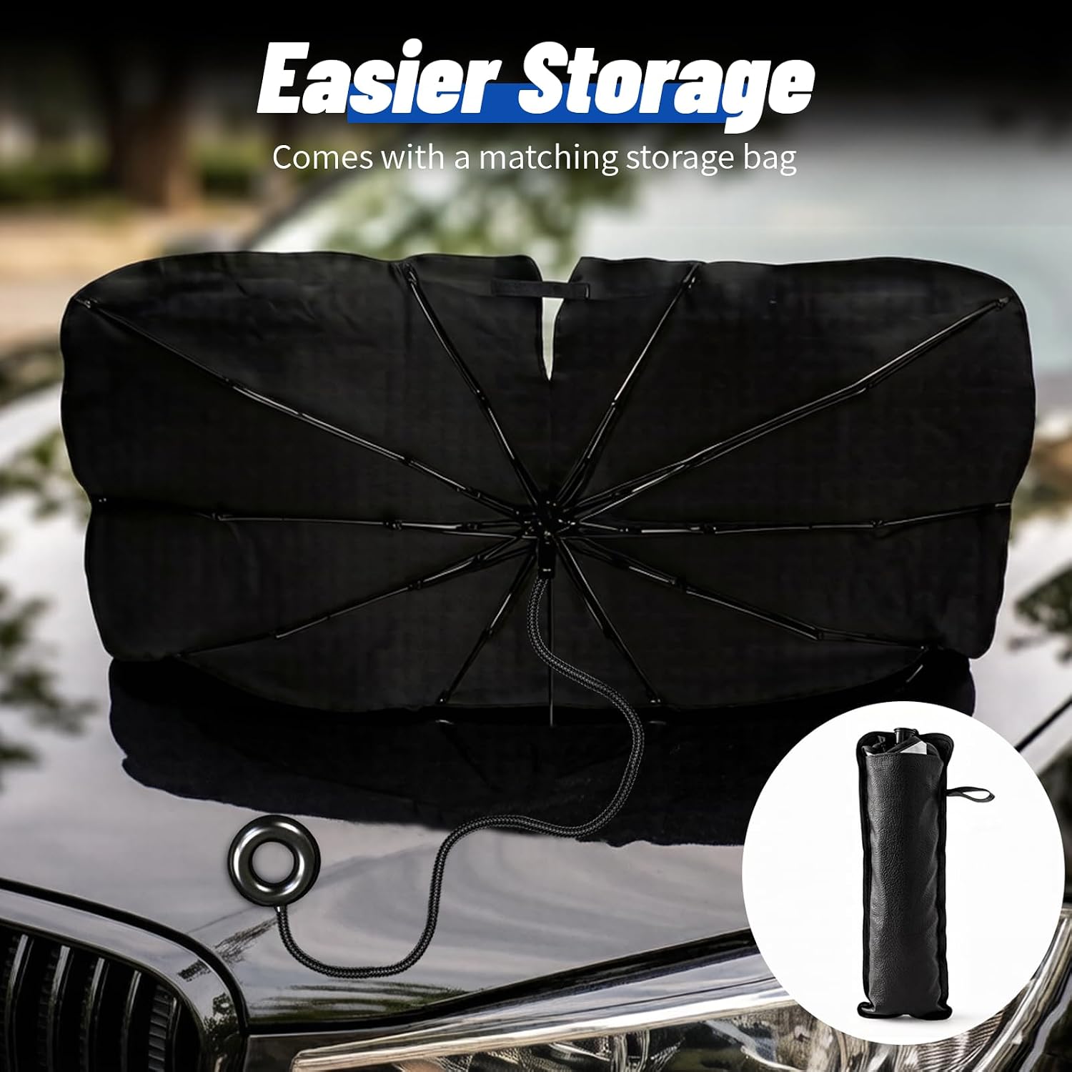 Upgraded Windshield Sunshade Umbrella for Car, Foldable Front Windshield Cover Blocks 99% Heat & Keeps Interior Cool, Reinforced Spring Edge, Medium 56" x 31"
