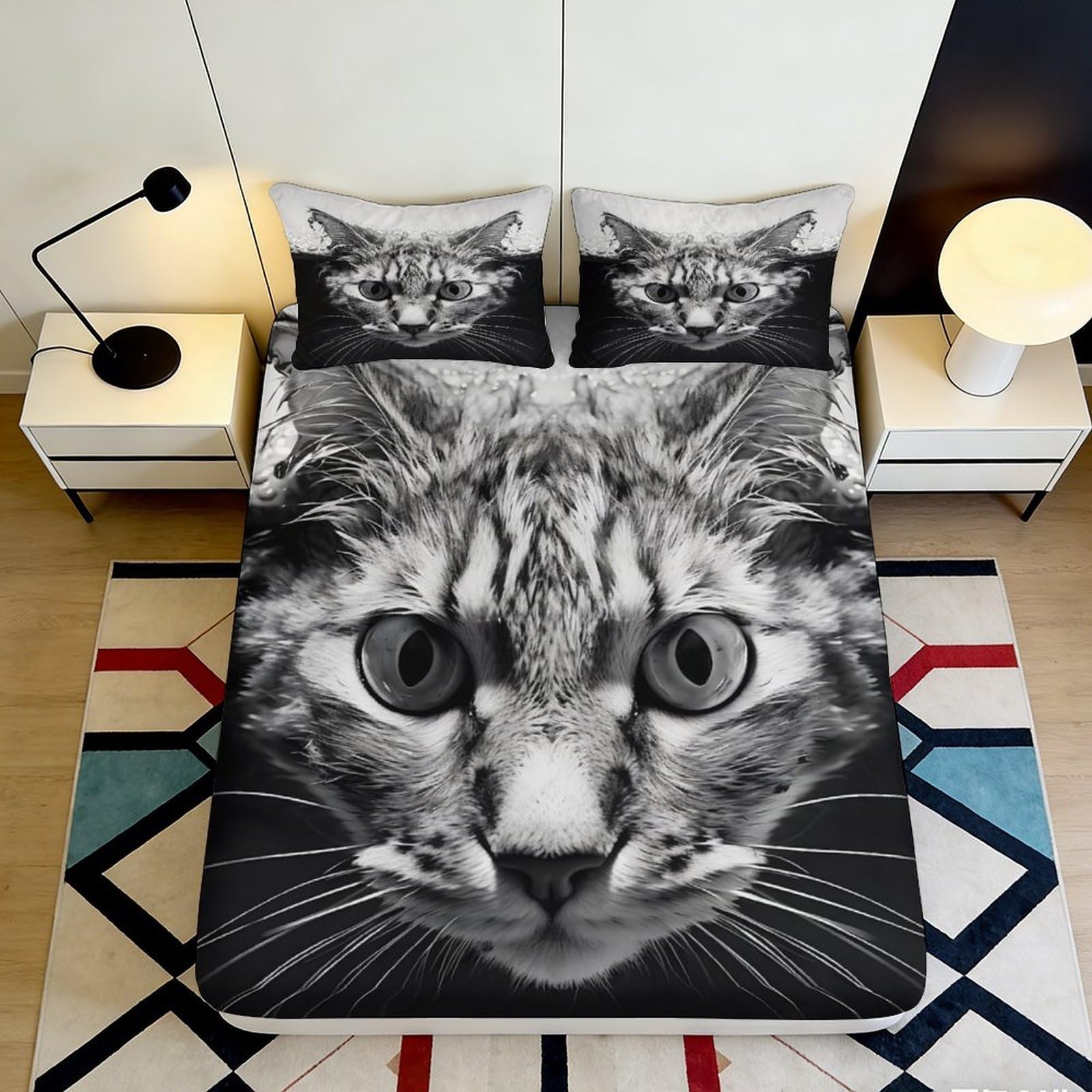 3D Printed Realistic Cat Face Fitted Sheet Microfiber Soft Washable Black White Tabby Mattress Cover for Bedroom Dorm Bed Decor 90x200x25cm