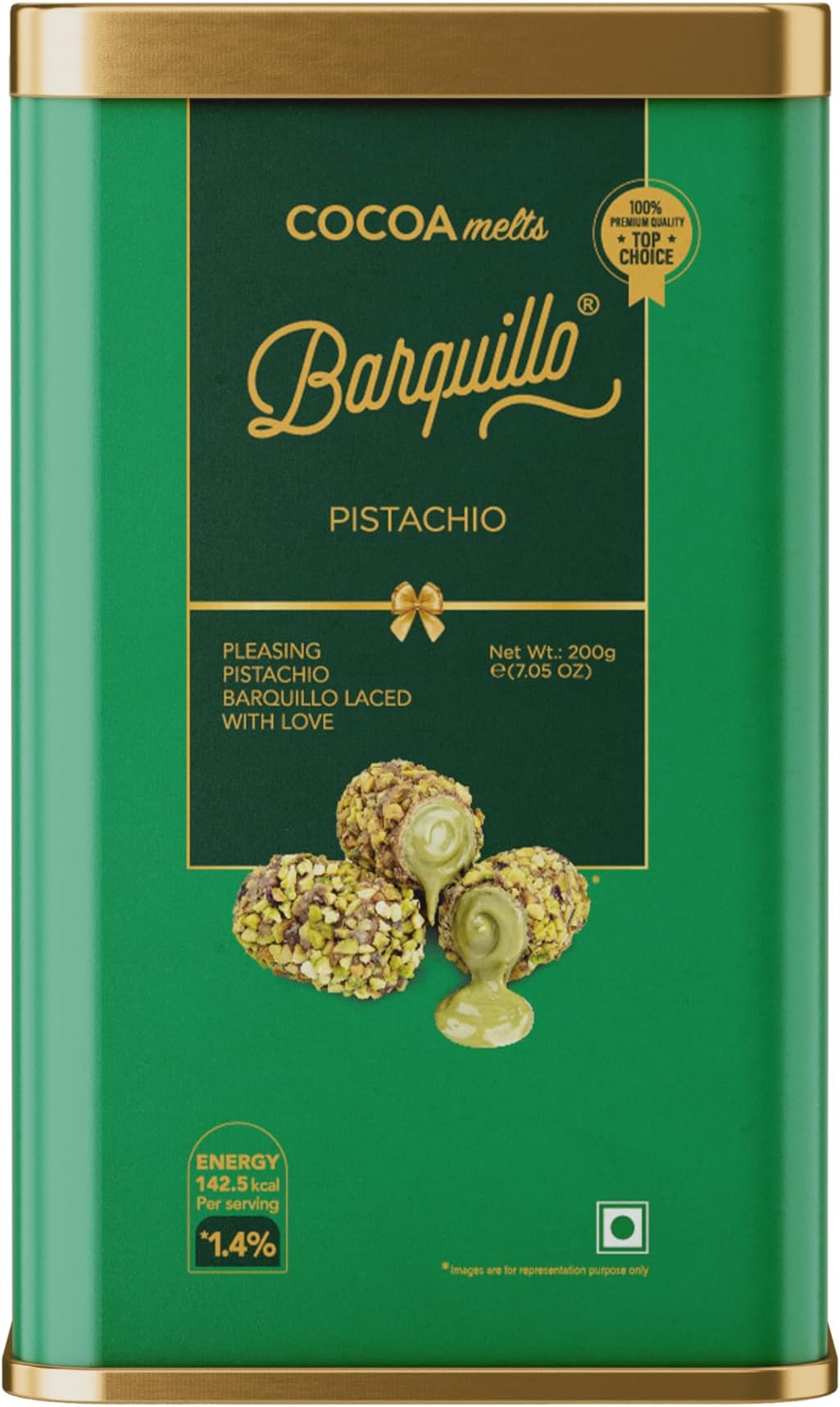 Barquillo Premium Pistachio Coated Chocolate - 10 Pcs (200 gm) Tin | Pista Cream Filled Biscuit Roll imported | Dubai couverture taste | Festive Gift Pack Celebration specially for Festivals