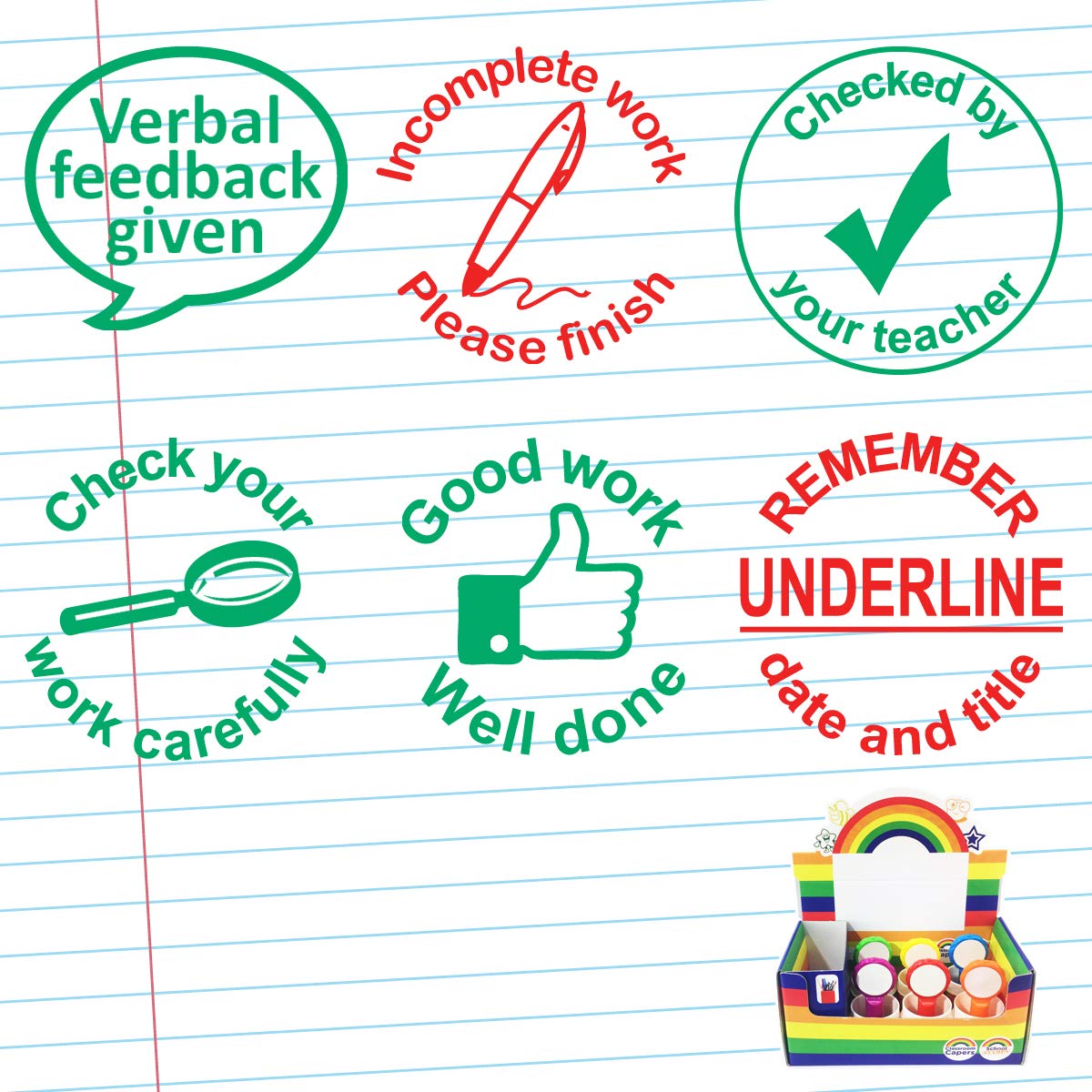 Classroom Capers Homework Marking & Feedback Marking School Stamp Box Set - Includes Homework Set, Incomplete Homework, Good Homework, Verbal Feedback Given, Pupil Response And Check Work Carefully Teacher Stamps