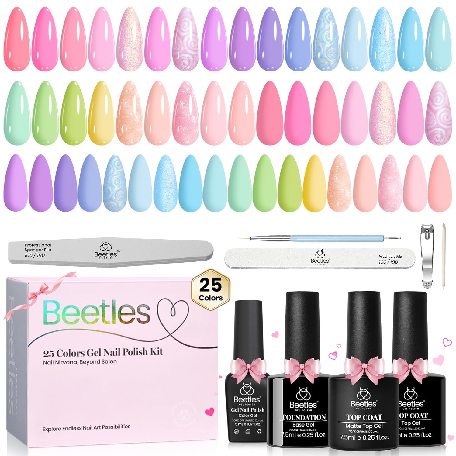 Beetles Pastel Gel Polish Set - Rainbow Dreamscape 25 Colors Spring Gel Polish Kit with Base Coat&Top Coat Soak Off UV Led Nail Set Pastel Glitter Colors Nail Art Kit Summer Gifts for Women&Girls