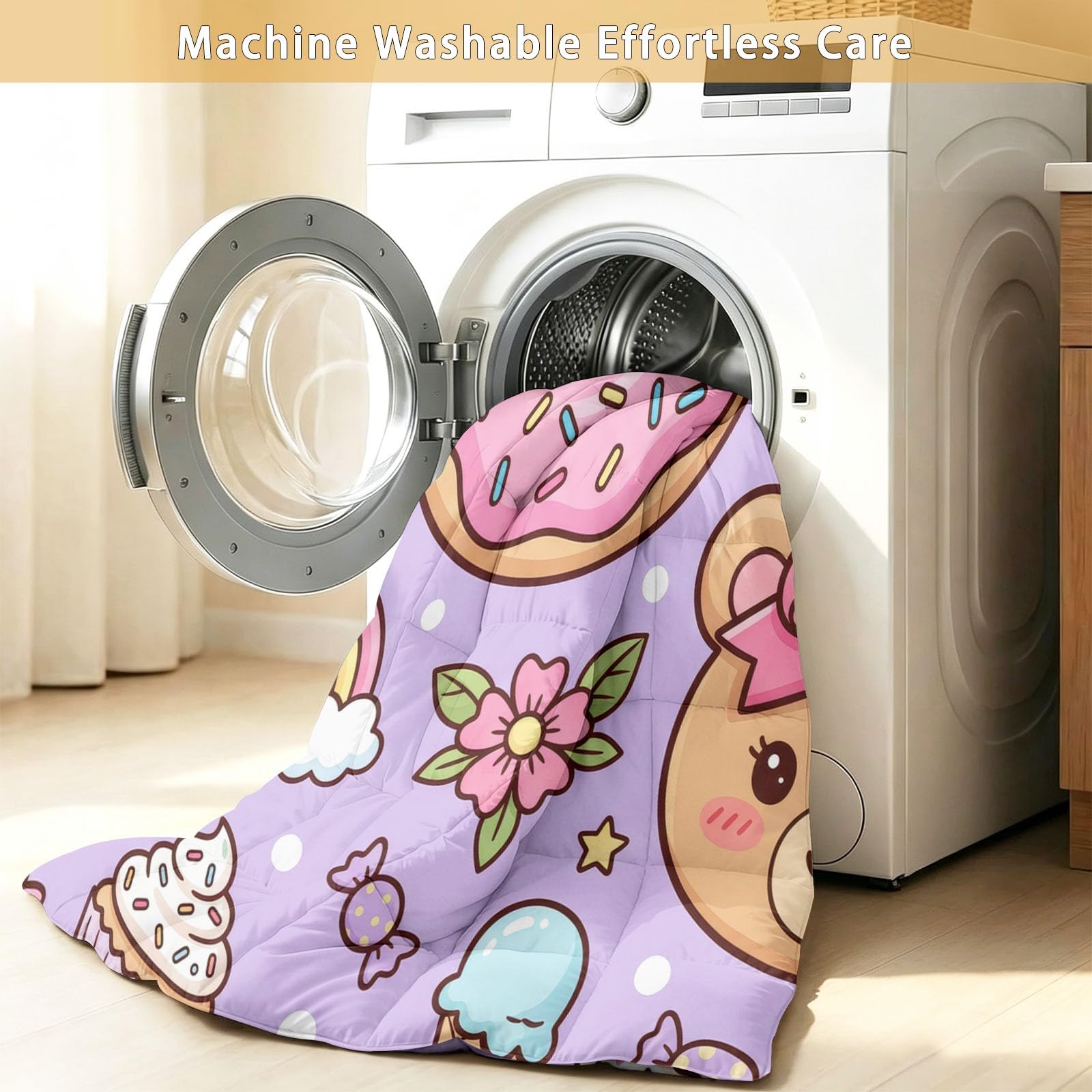 Doppelseitig Bettdecke 135 x 200 cm, Cartoon Muster Wende Bettdecken, Donut Teddybär Milchtee Waschbare Bettdecke ohne Bezug mit 2 Kissenbezüge, Rosa Lila Weich Steppdecke für alle Jahreszeiten