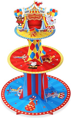 Zopeal Soporte para cupcakes con temática de carnaval, 3 niveles, soporte de cartón de circo, soporte para cupcakes, tienda de campaña de circo,