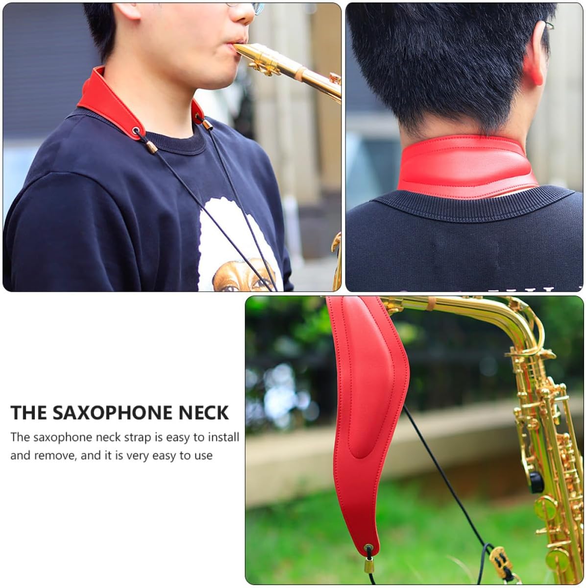 Zerodeko Adjustable Red Leather Saxophone Neck Strap with Cotton Padding and Metal Hook Saxophone Shoulder Belt Accessory Comfortable Wind Instrument Harness