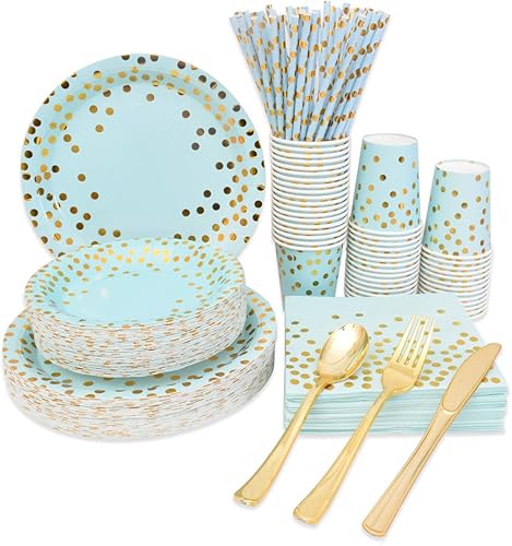 Blue and Gold Party Supplies - Juego de vajilla desechable de platos de papel azul con puntos dorados platos de postre y cubiertos de plástico con