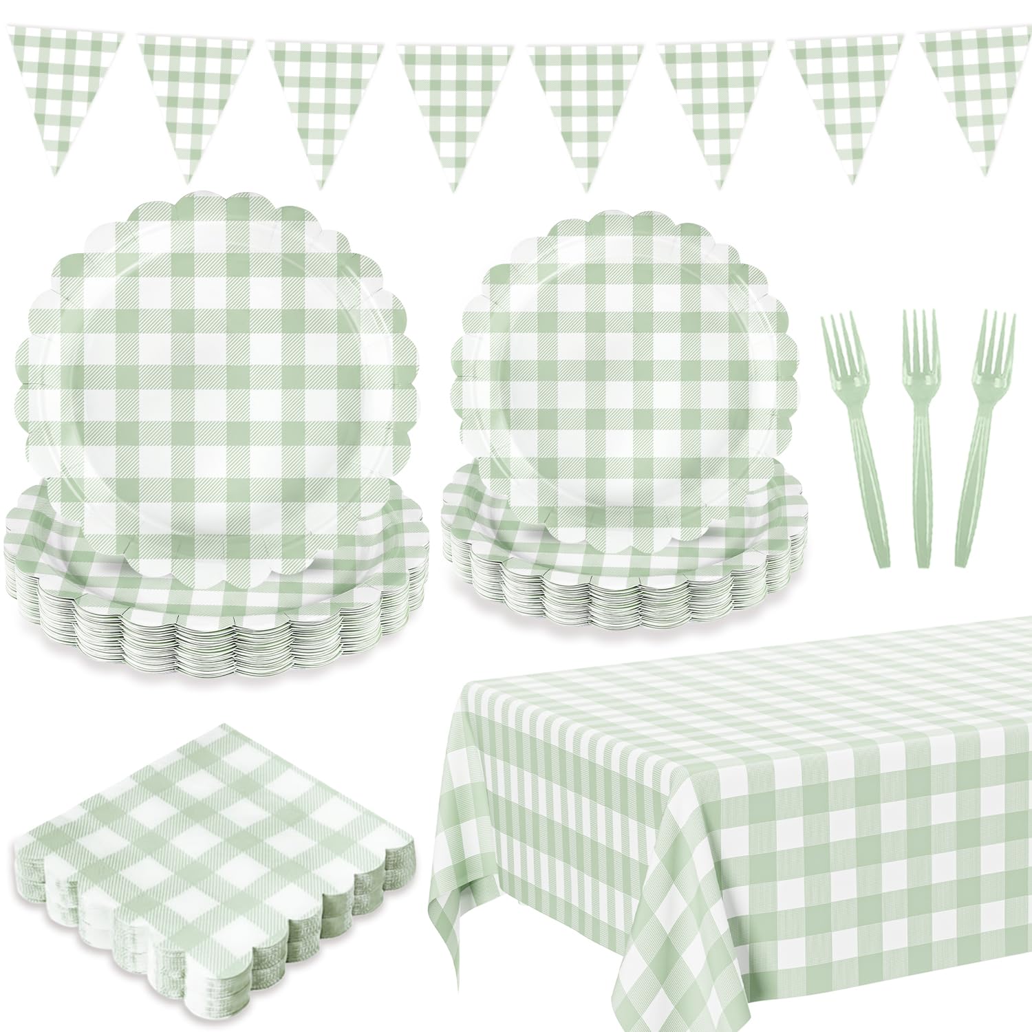 Nappe vichy vert sauge et lot de vaisselle jetable pour anniversaire et fête prénatale 25 pers