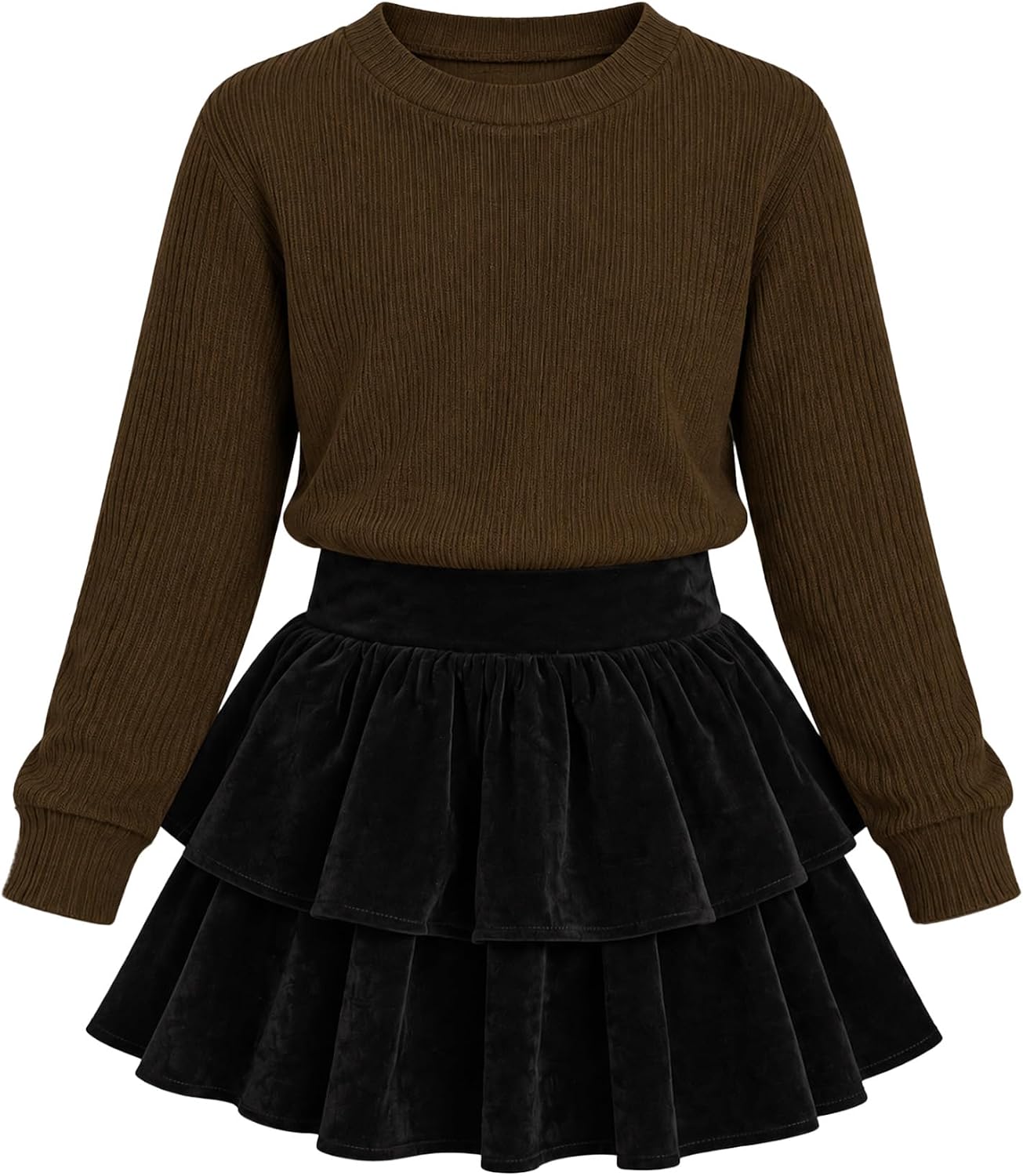 Girls Clothes Ribbed Tops Tiered Pleated Skirt 2 Piece Size 5-12Y