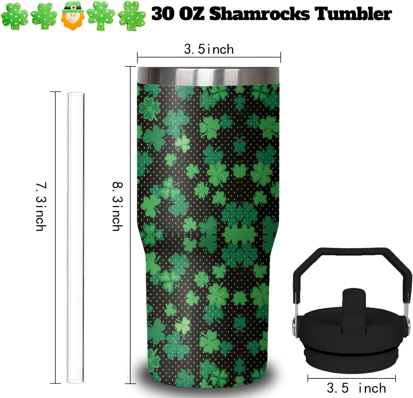 30oz St Patricks Day Tumbler with Handle and Flip Straw, Green Irish Shamrocks Stainless Steel Vacuum Insulated Cup, Travel Mug Water Bottle, Gifts for Women Men - Image 2