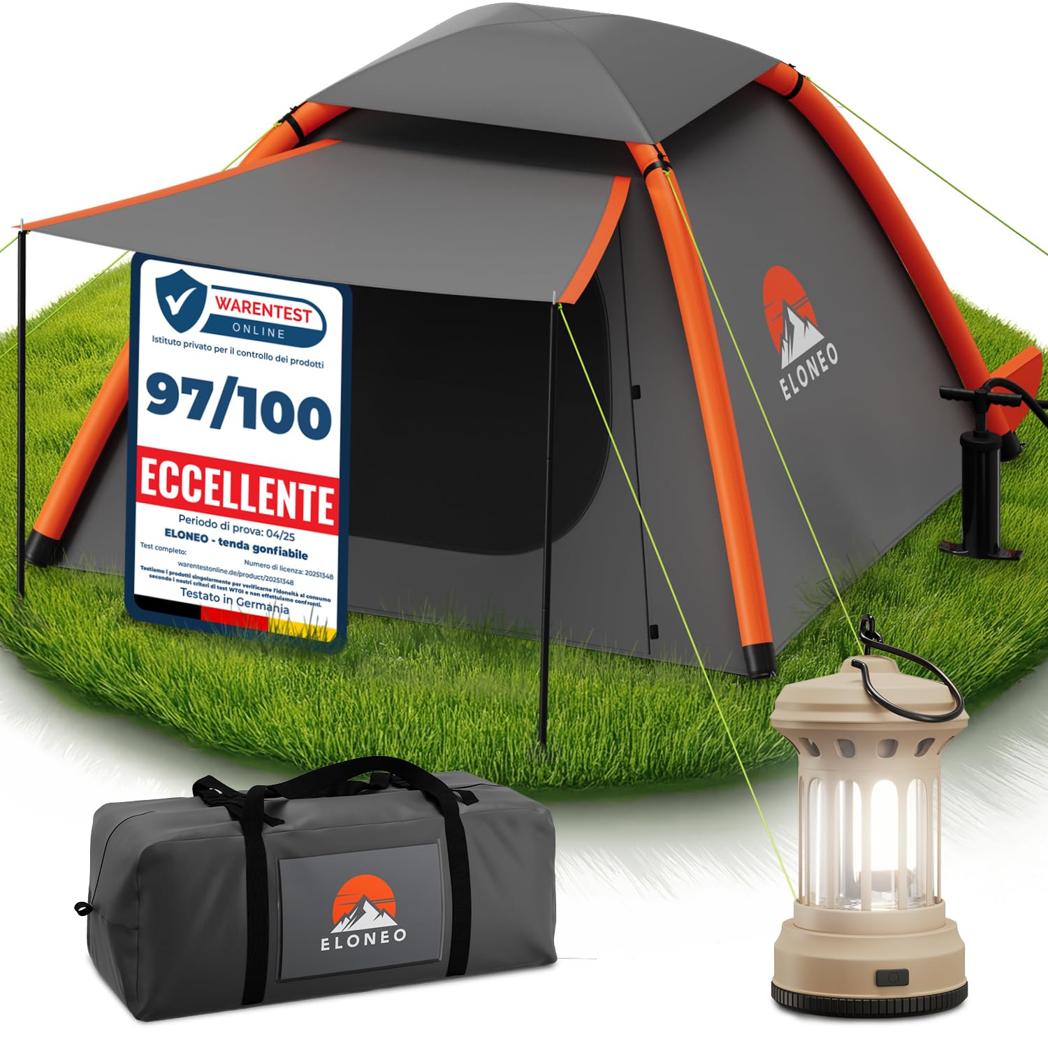 ELONEO tenda gonfiabile per 1-4 persone con tettoia e pompa ad aria, tenda da campeggio impermeabile, tenda ad aria ultraleggera, inflatable tent, tenda glamping con luce LED gratuita
