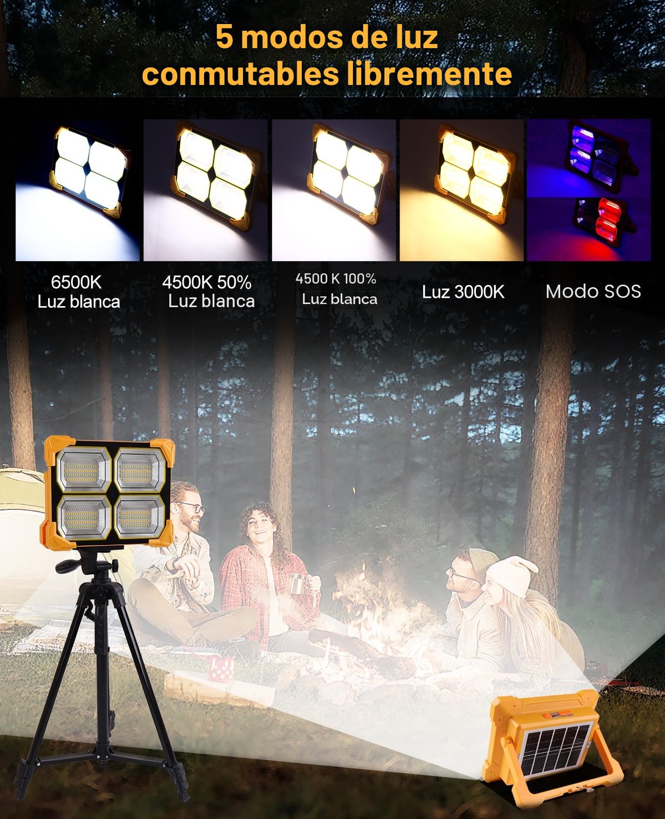 Foco LED Recargable 200W, Luz de Trabajo Portátil Linterna Solar 20000mAh, Foco LED Batería IP66 Impermeable, Linterna Recargable para Camping, Pesca, Construcción, Garaje, Emergencia