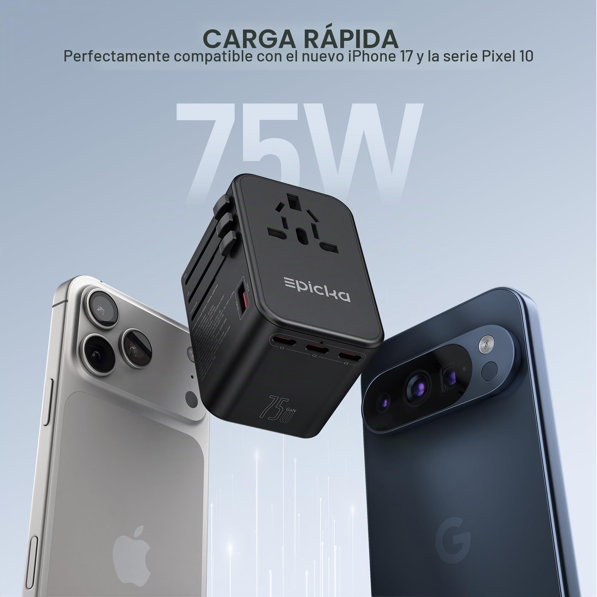 EPICKA Adaptador de Viaje Universal, GAN 75W Adaptador de Enchufe Internacional con 3 USB-C PD de Carga rápida y 2 adaptadores de Carga rápida USB-A Cargador de Pared Todo en uno para EE. UU., UE, | Adaptador de corriente internacional para EU/US/UK/AU, c