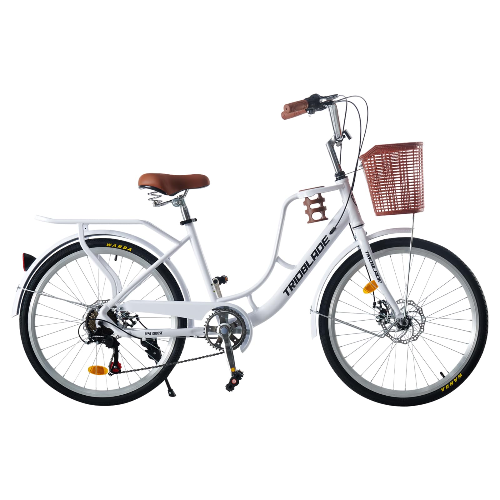 BSTSEL 24/26 Inch Wheels Vintage bike Fabric Bike City Classic Bicycle, Retro Bicycle With 7 Speed Gears, Dual Disc Brakes, Sprung Saddle, Rack And Front Basket Formal Road Bike For Woman