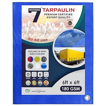 7 Horses 100% Waterproof UV Resistant Tarpaulin Sheet - 6x6 ft., 180 GSM - Heavy Duty Poly Tarp with Aluminium Eyelets Every 3 feet - Plastic Cover for Truck, Roof, Rain, Outdoor or Sun (Blue)