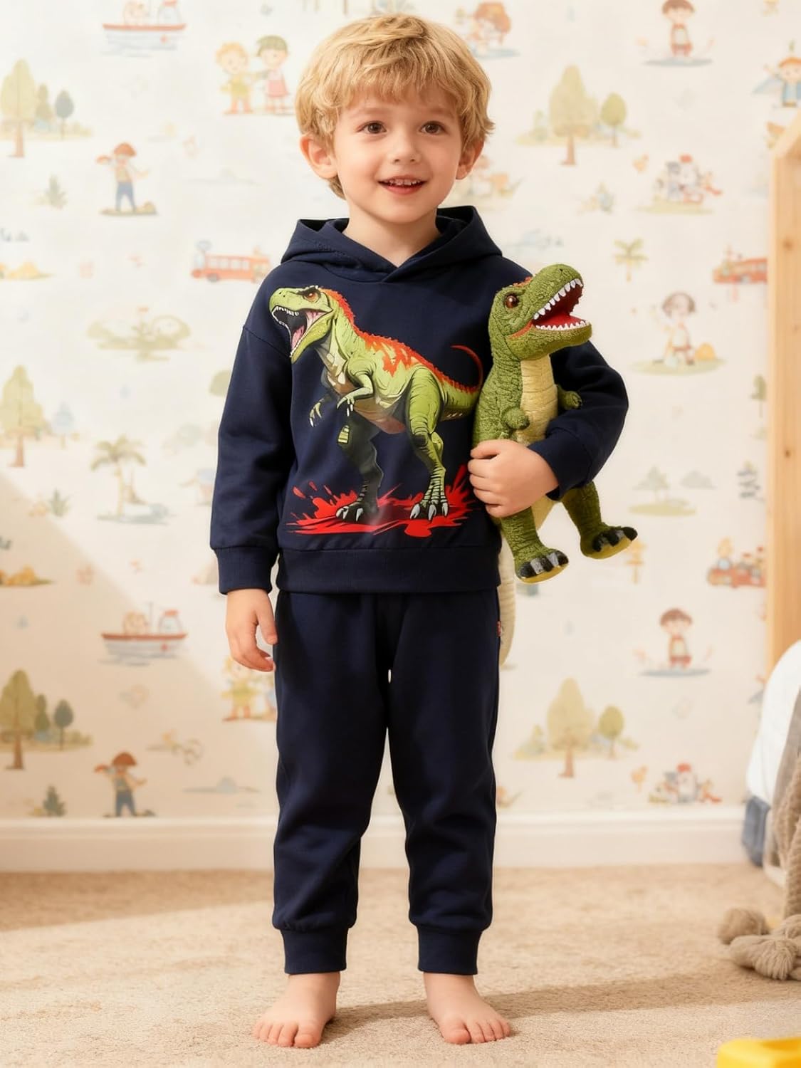 2-7 Years Toddler Boys' Dinosaur & Truck Print Pullover Hoodie and Sweatpants Set - Image 2
