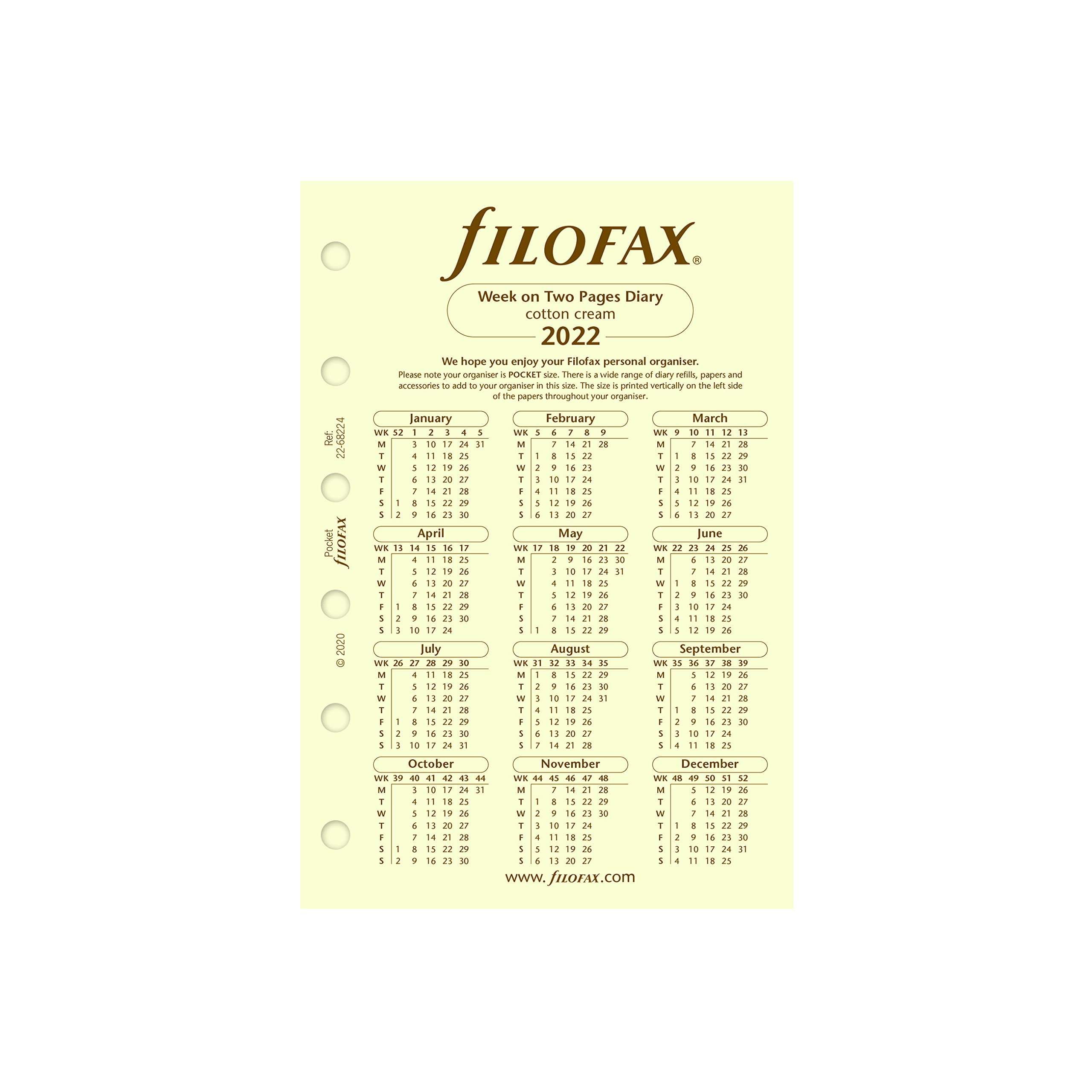 Filofax 2022 (C68224-22) - Ricarica tascabile, visualizzazione settimanale, in cotone, colore: panna