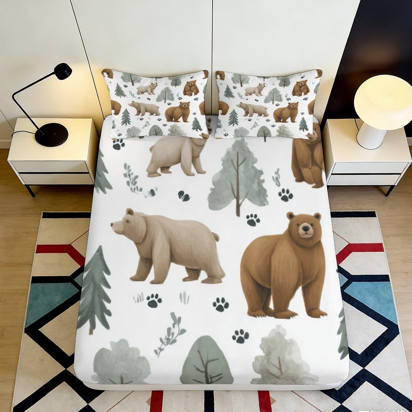 3D Printed Bear Forest Fitted Sheet Microfiber Deep Pocket For Adults Teens Full Wrap Bedroom Bear Mattress Fitted Cover Washable 140x200x25cm