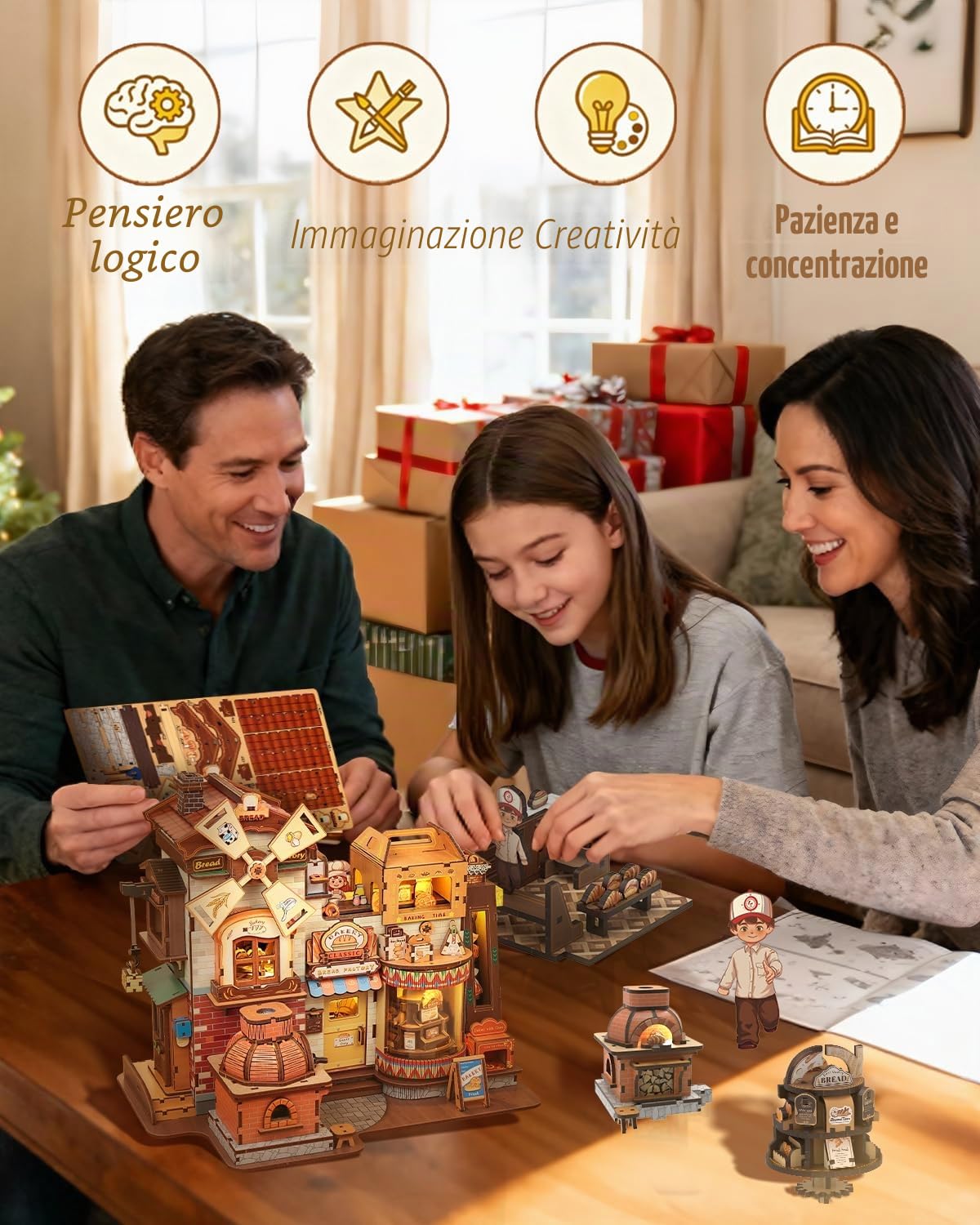 CUTEBEE Puzzle 3D Legno Bread Factory – Modellismo da Costruire Adulti con Luci LED, Musica e Meccanismi Rotanti, Kit 576 pezzi, Miniature da Costruire, Decorazione per Libreria, Regalo Creativo