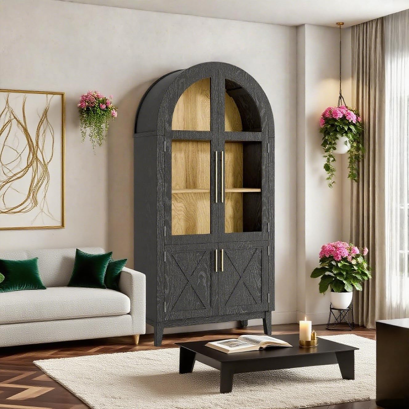 Storage Cabinet with Glass Door, Adjustable Kitchen Arched Cabinet, 5-Tier Storage Cabinet, Tall Arched Pantry with Large Drawers for Living Room, Dining Room, Kitchen, 74.3 Inch, Light Black