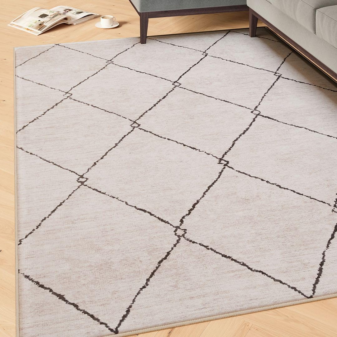 Machine Washable Beige Patterned Cotton Large Runner Rugs Traditional Stain Resistant Liquid Repellent Living Area Hallway Rug 80cm x 300cm (2ft 7" x 9ft 10")