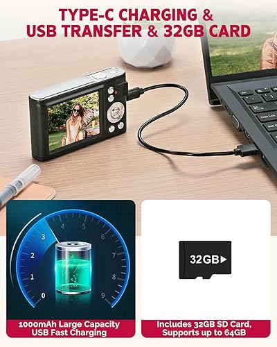 Miniatura 5 de Cámara digital, 48MP FHD 1080P cámara de apuntar y disparar con zoom de 16x, cámara portátil compacta antivibración para fotografía con tarjeta de