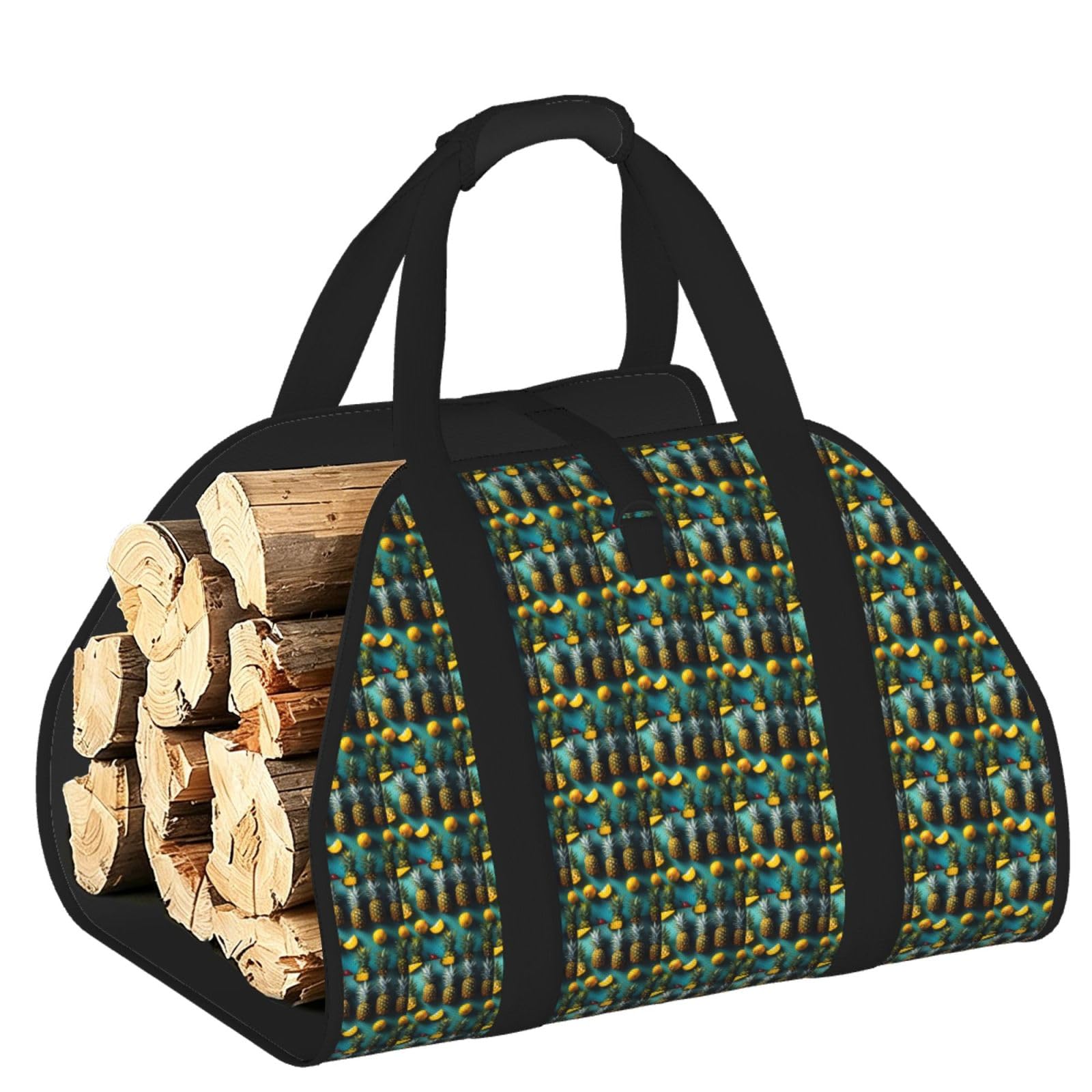 Ayyqwe Black Tropical Fruit Pineapple Print Firewood Bag Wood Waterproof Versatile Camping Picnic Storage Daily Home