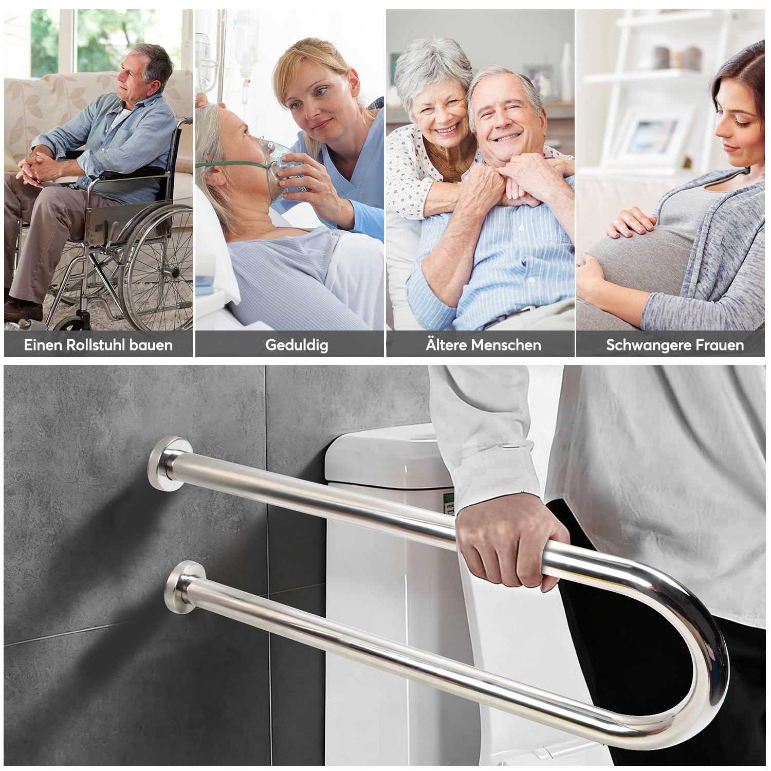 Asidero de acero inoxidable para discapacitados, 60 cm, para personas mayores, capacidad de carga de 350 kg