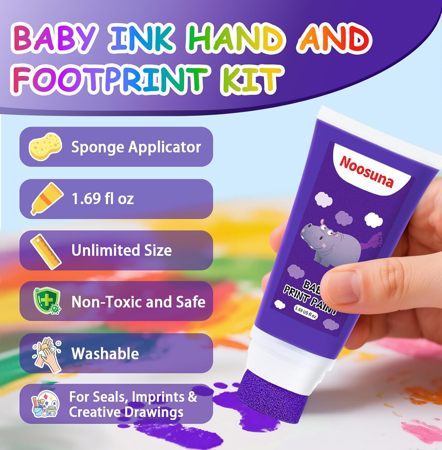 Baby Hand and Footprint Ink with Sponge Head, Baby Safe Paint, 1.69 fl oz Non-Toxic and Washable, Dog Safe Paint for Paws Suitable for Babies and Pets, Newborn Memento, Purple - Image 2