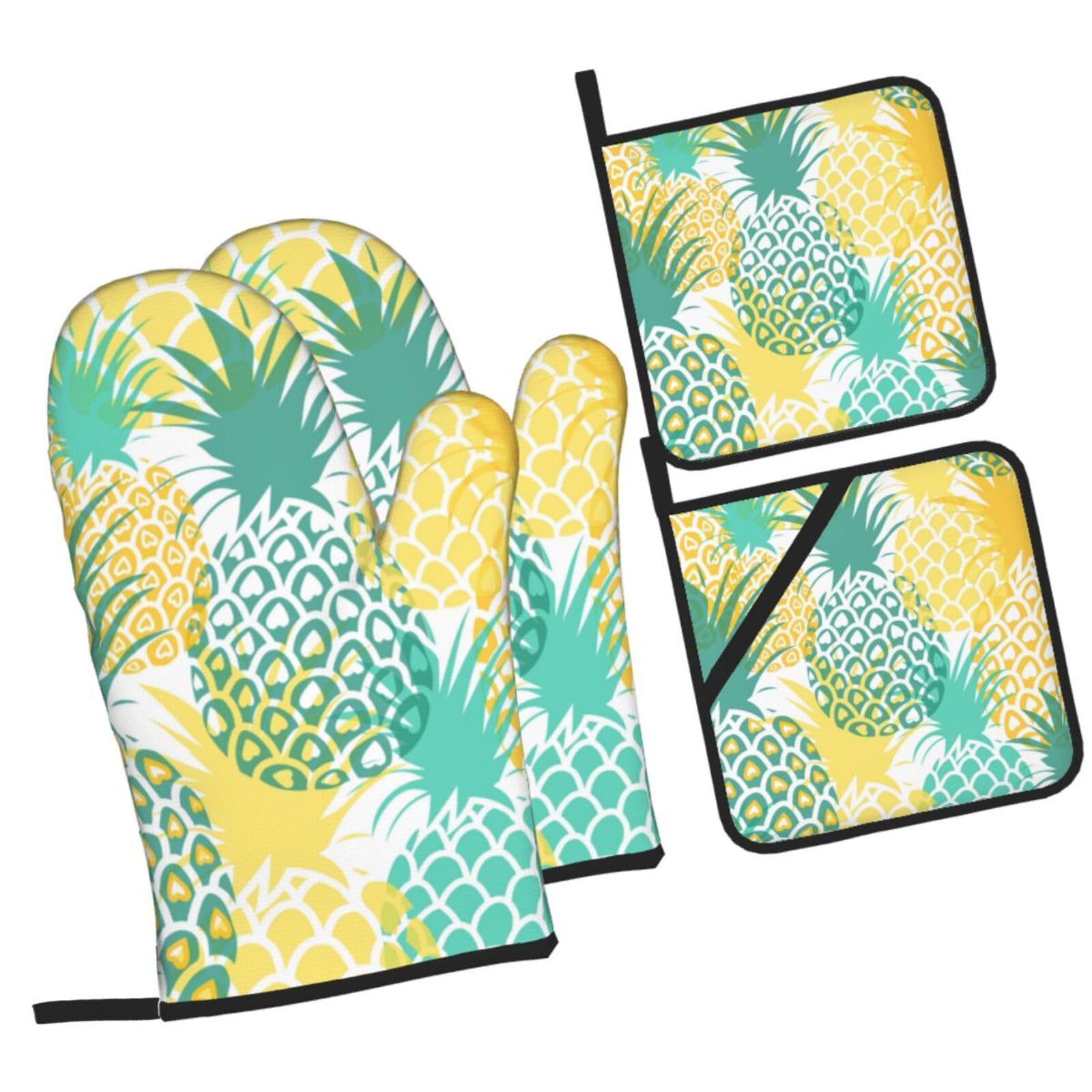 Tropical Pineapple Printed Oven Mitts and Pot Holders Heat Resistant Set of 4 Pcs, Modern Kitchen Gloves & Potholders for Cooking Baking Grilling