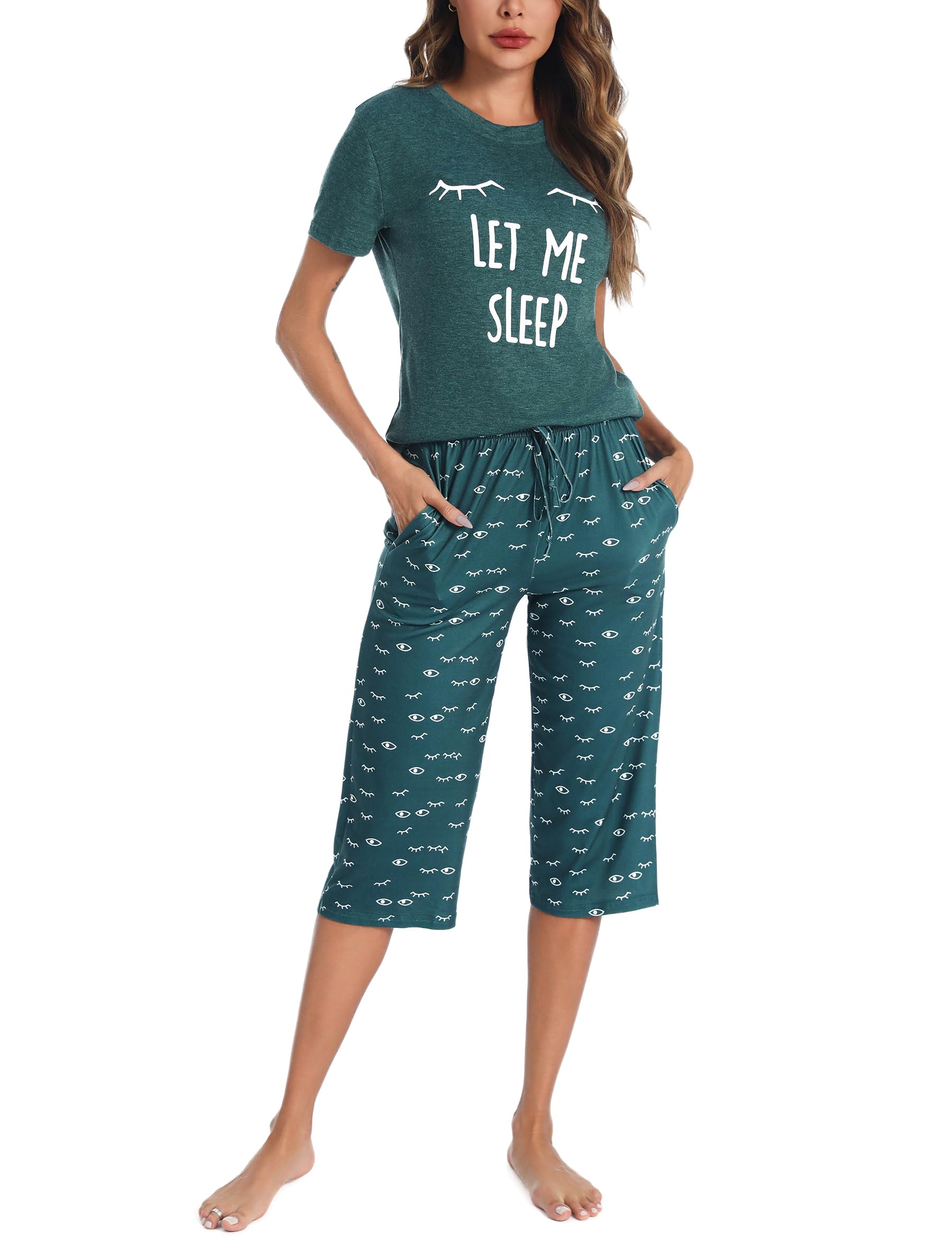 Uniexcosm Pijama de Mujer Algodón Pijama de Dos Piezas Gatos Verano Manga Corta Pijamas Mujer Ropa de Dormir Top y 3/4 Pantalones
