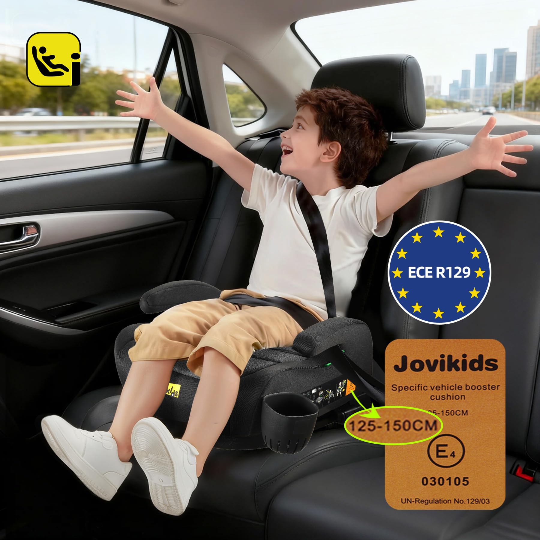 Jovikids i-Size Booster Car Seat, 125-150cm Highback Toddler Booster Seat with ISOFIX, ECE R129 Approved, Seat Belt Guide, Lightweight & Portable, Removable Machine Washable Cover - Black — view 11