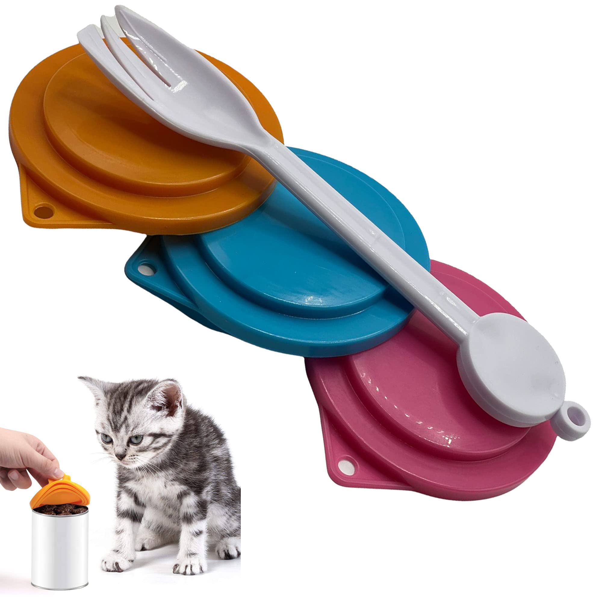 Pet Guru Pet Food Can Covers And Spoon Reusable For Cat Dog And Pet Food Plastic Can Covers Set Of 3 With Spoon/Fork