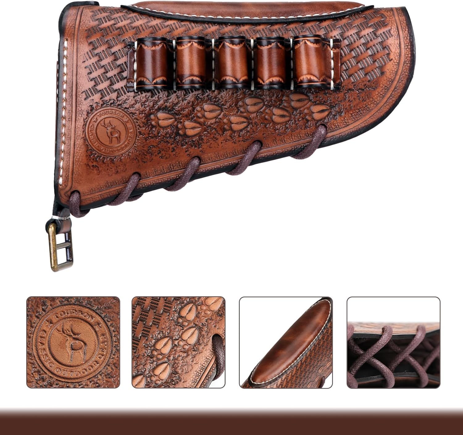TOURBON Vintage Leather No Drill Cheek Rest Buttstock Protective Pouch, Hunting Shooting Recoil Pad with Rifle Shotgun Shell Ammo Holder
