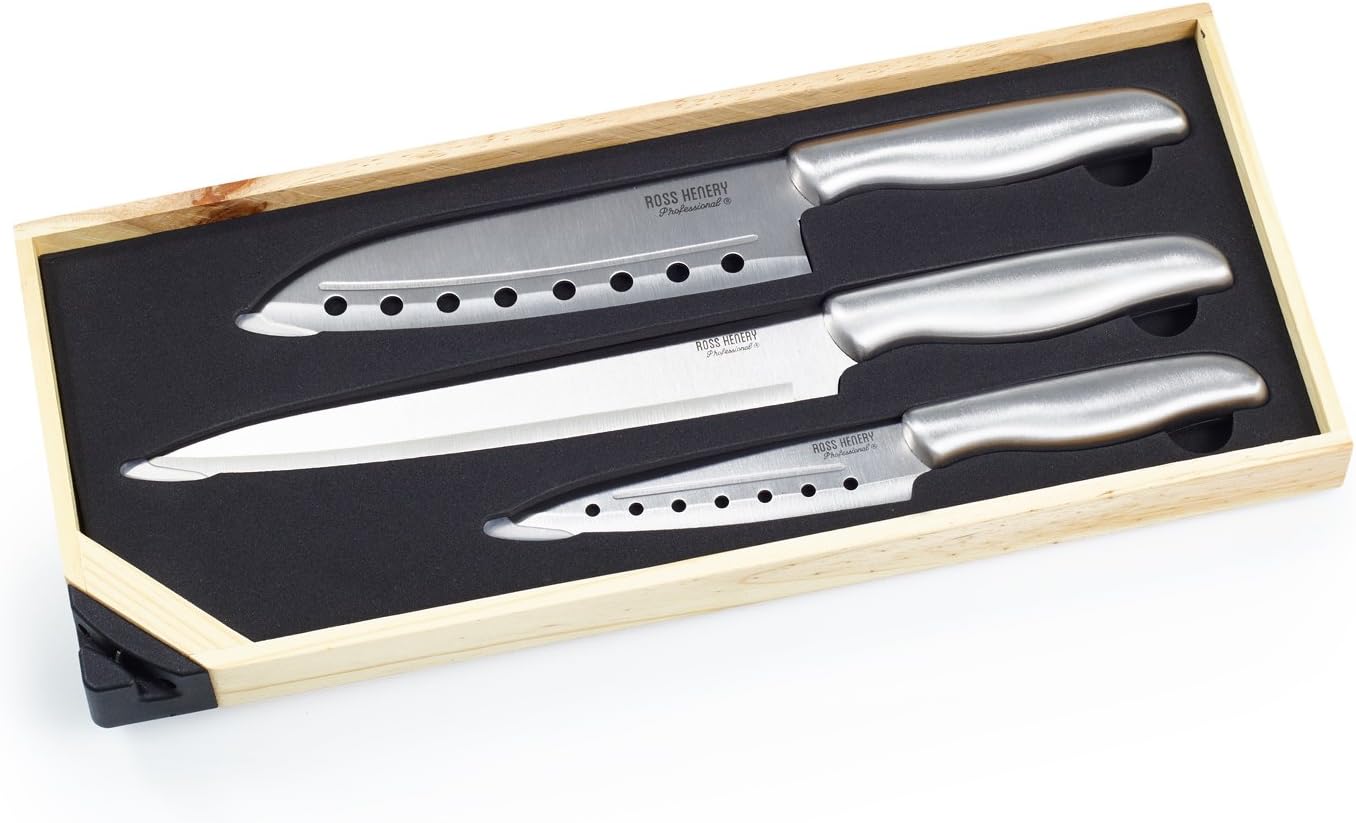 3 Piece Santoku Chef’s Knife Set in Wooden Gift Box with Built in Sharpener (Silver Handles)