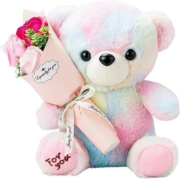 Soap Flower Bear Plush, Teddy Bear, Flower Present, Rainbow Bridge, 3 Bubbles, Rainbow Bear, S, M, 3 Colors, Rainbow Color, Baby Shower, Graduation Ceremony, Birthday, Mothers Day, Retirement Gift, Cute, White Day, Return Gift, Pet Feeding SF-GM-4757 M 3 Flowers, Pink