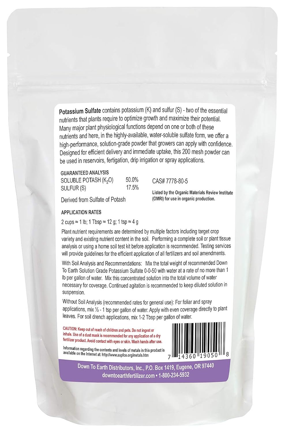 Down to Earth OMRI Organic Solution Grade Potassium Sulfate 0-0-50, 1 lb