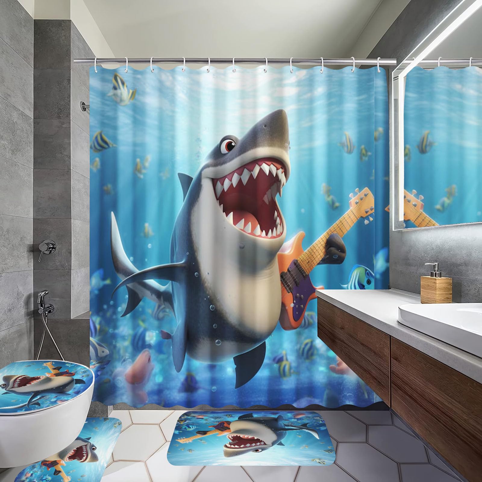 Rideau de douche - Motif océan - Thème requin - Baleine - 180 x 200 cm - Bleu - Mer profonde - Multicolore - Monde sous-marin - Requin tortue et poisson - En textile imperméable (3, 180 x 200