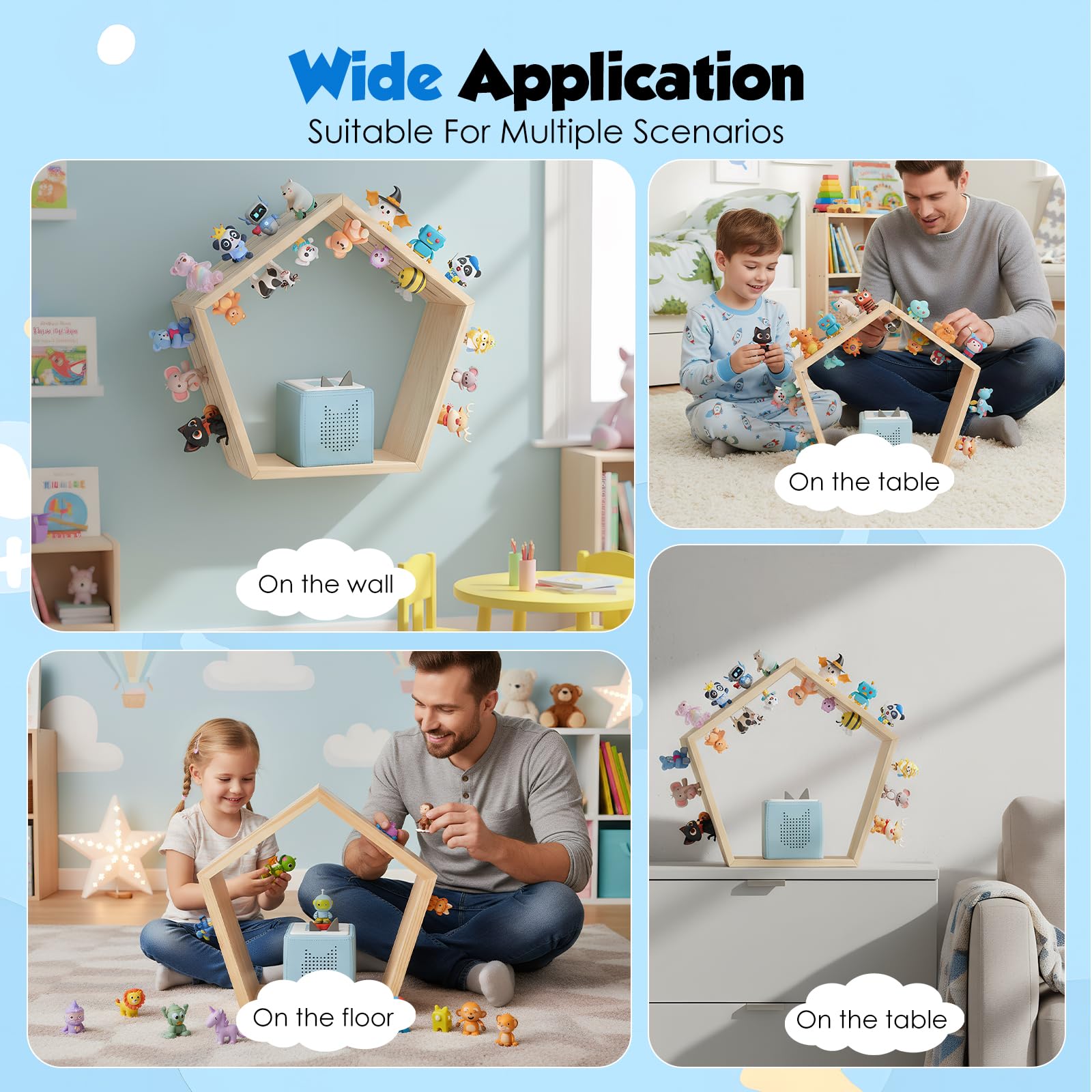 Luqixcey Hexagon Tonie Regal für Toniebox – Magnetisches Toniebox Regal Wabenform für 68 Figuren, 46x42cm Holz Wandregal Kinderzimmer, Schweberegal zum Aufhängen oder Hinstellen