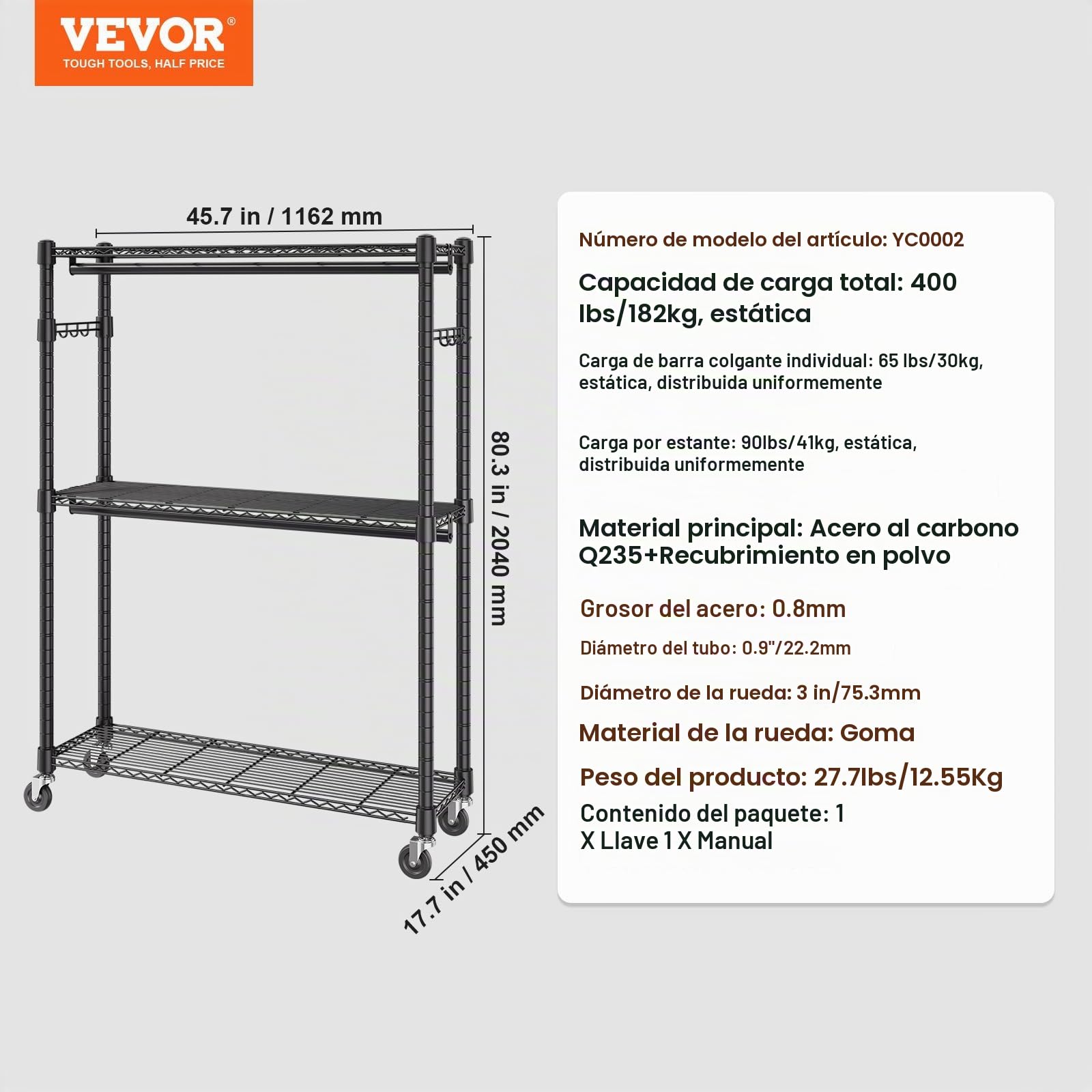 VEVOR Perchero Burro para Ropa con 4 Ruedas de 2 Barras 3 Estantes 2 Soportes Laterales Perchero de Acero Carga de 182 kg Perchero de Pie 1162 x 450 x 2040 mm para Almacenaje de Ropas en Dormitorios