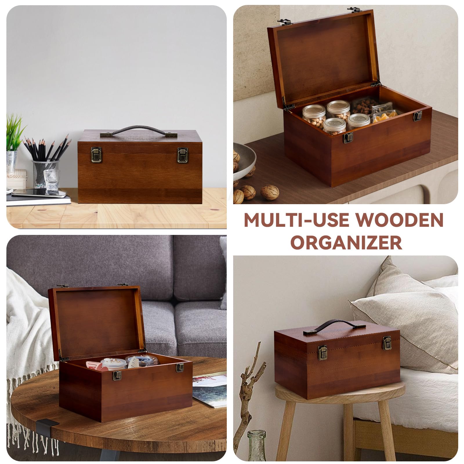 Erinnerungsbox aus Holz, 30 x 20 x 15 cm, mit Scharnierdeckel, große dekorative Holz-Schatzbox, Vintage-Schmuck-Aufbewahrungsbox für Rezepte, Fotos, Bastelarbeiten, Schmuckkarten, Werkzeug, Braun
