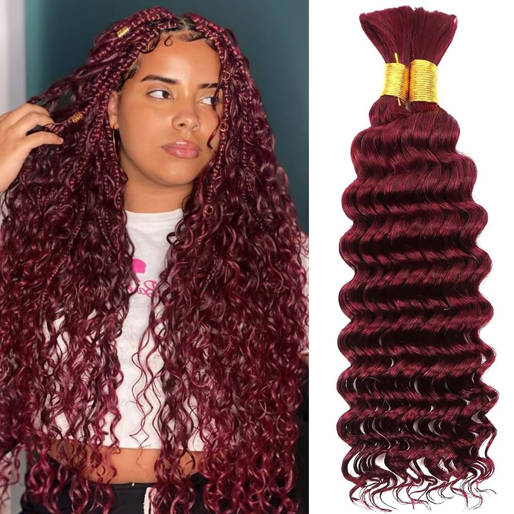 Burgundy 99J Deep Curly Wave Human Braiding Hair Brazilian Virgin Bulk No Weft Braiding Raw Human Hair for Black Women 50g Per Bundle 2 Pcs Total 100g 20 Inch