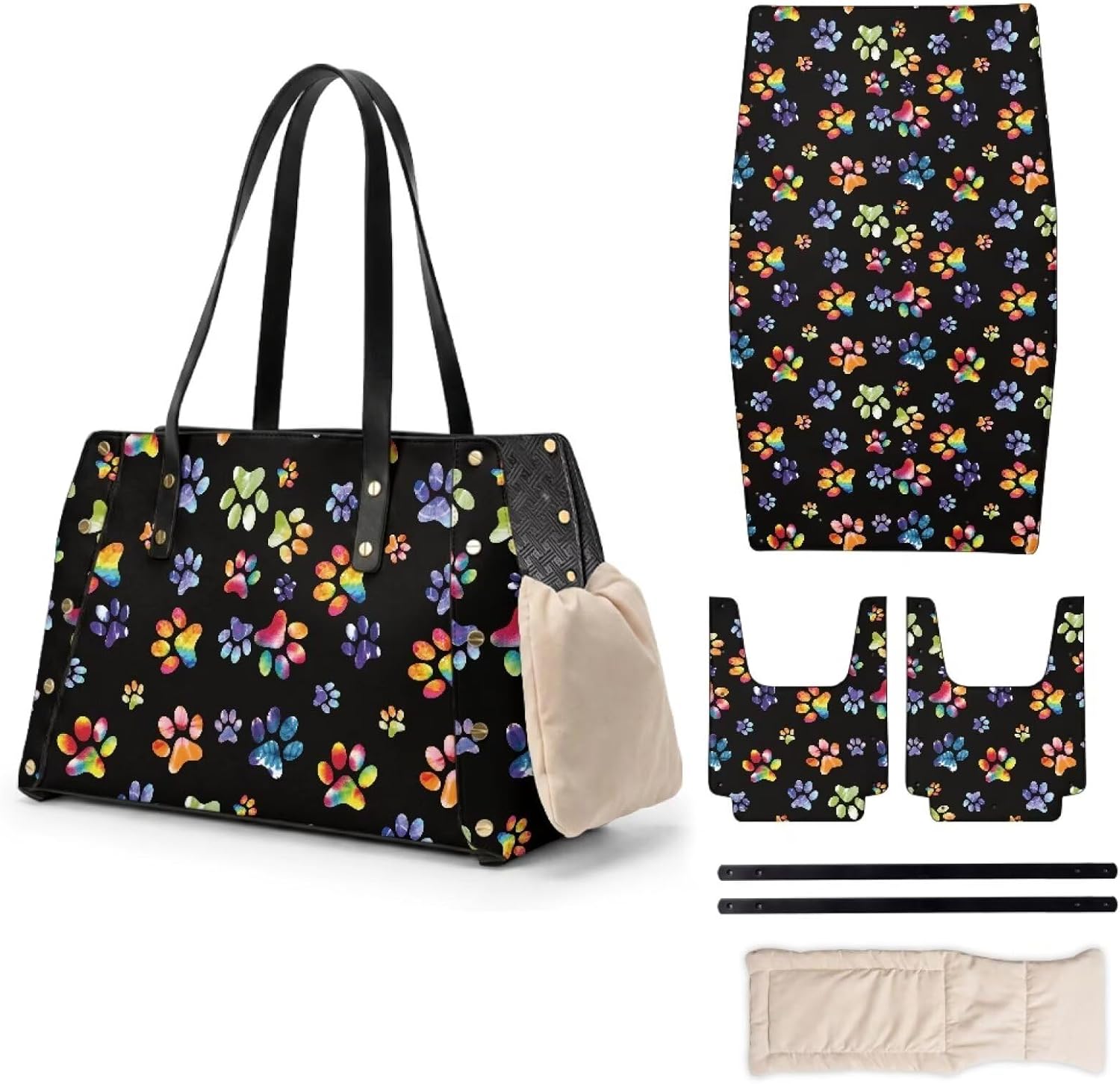 COEQINE Dog Bag Carrier Holder Travel Multicolor Paw Prints Black Large Leather Tote Bag for Women Daily Commuting Pet Tote Bag Carrier 15 Pounds,15x9x6 in