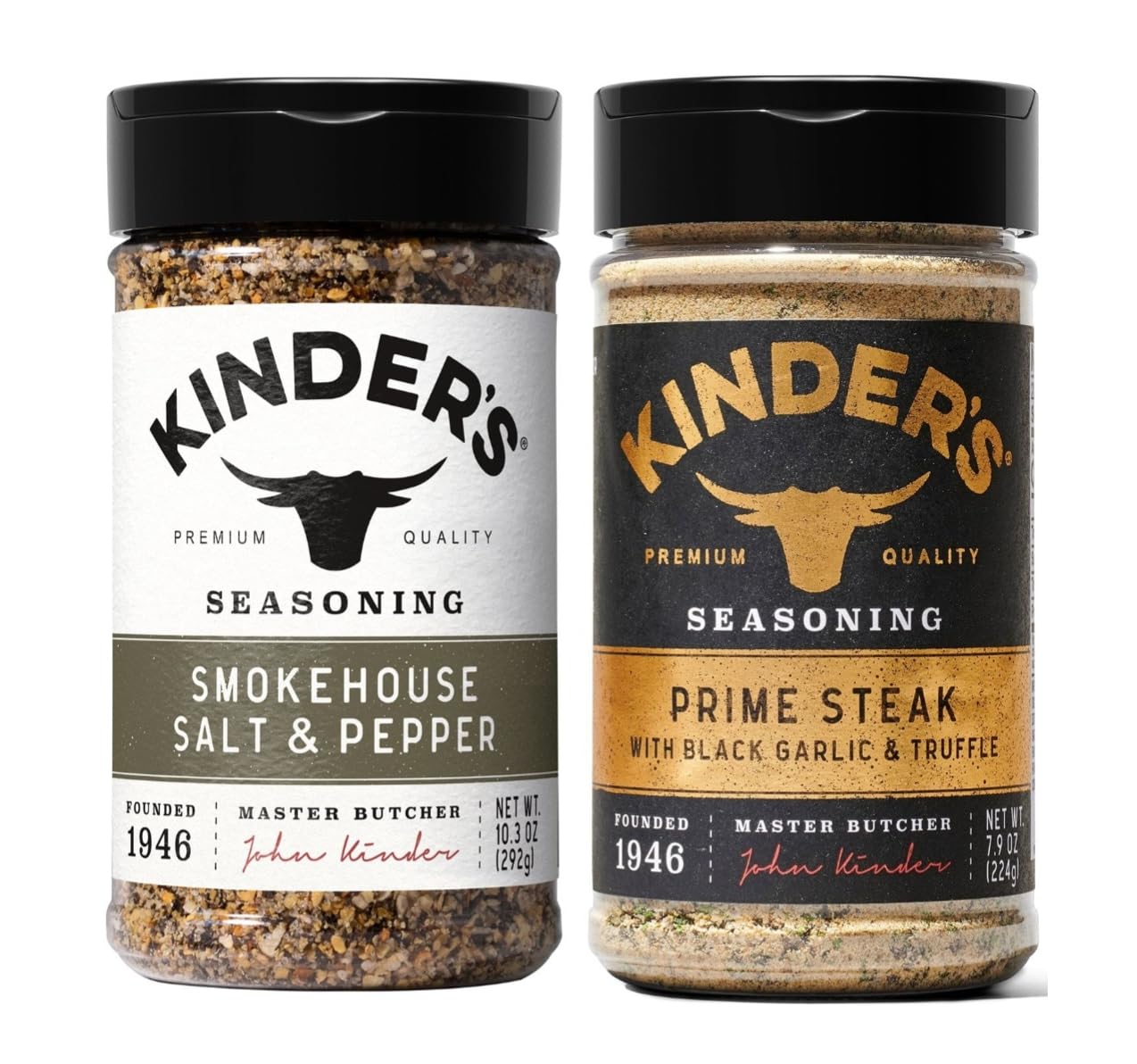Smokehouse Salt & Pepper Seasoning, 10.3 oz, kinders, Prime Steak with Black Garlic and Truffle Seasoning, 7.9 oz, kinders